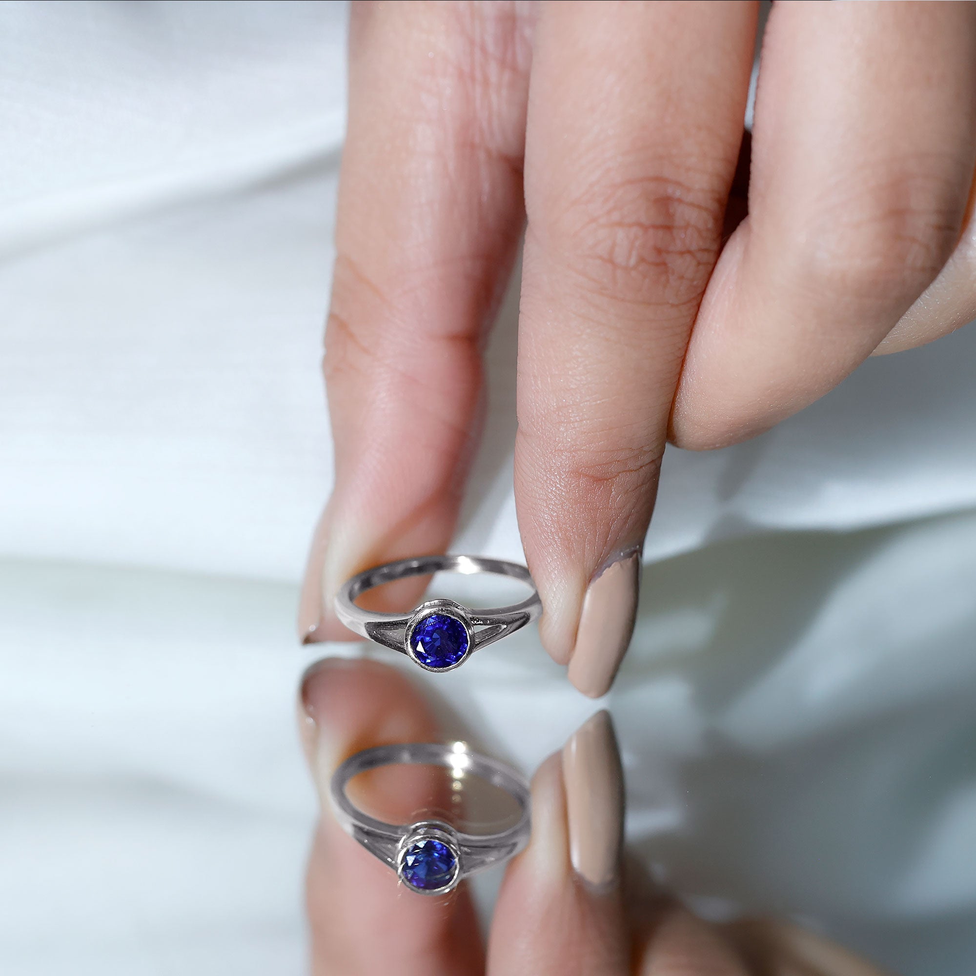 Certified 0.6 Carat Lab Grown Blue Sapphire Promise Ring with Split Shank