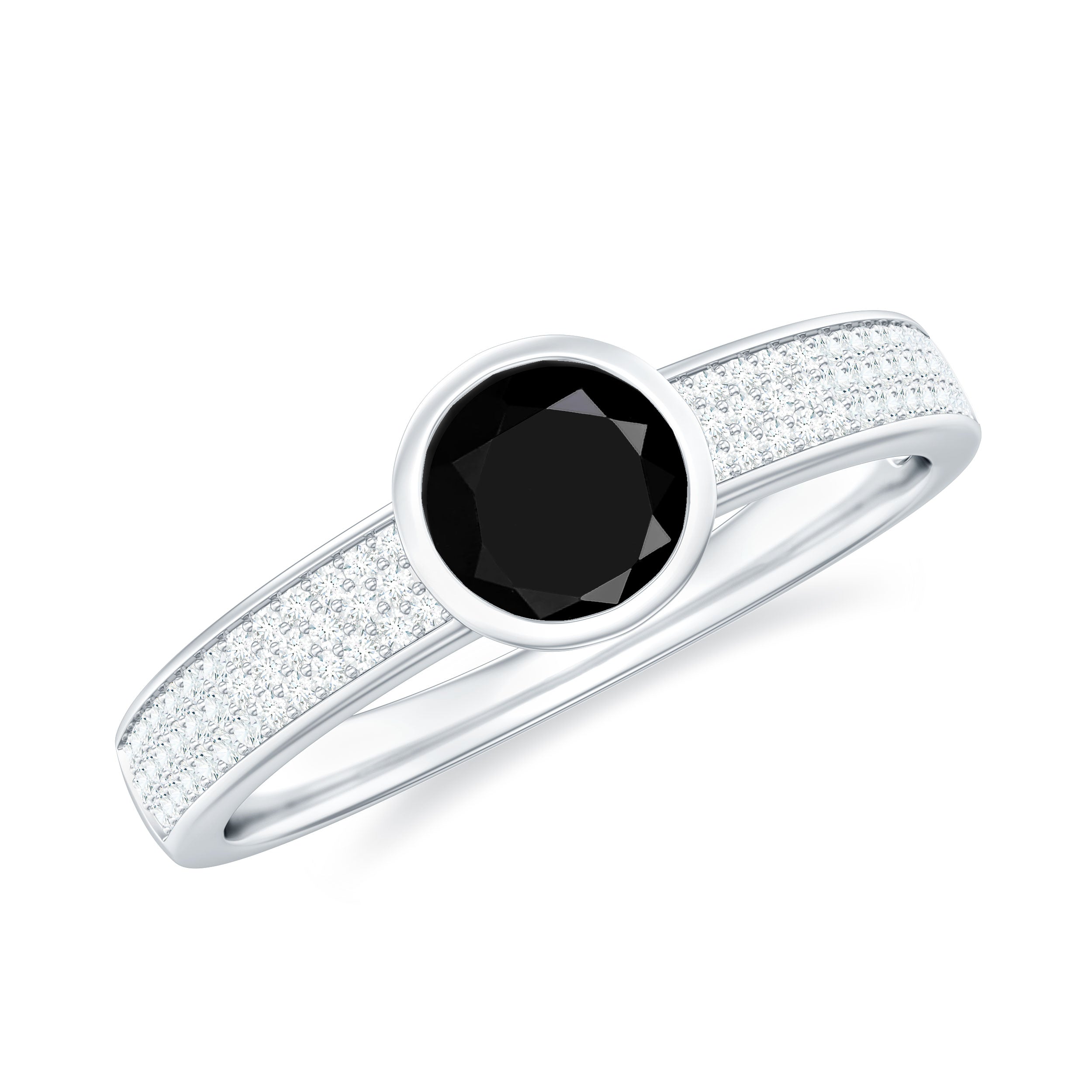 Natural Black Spinel Bezel Set Engagement Ring with Diamond Side Stones