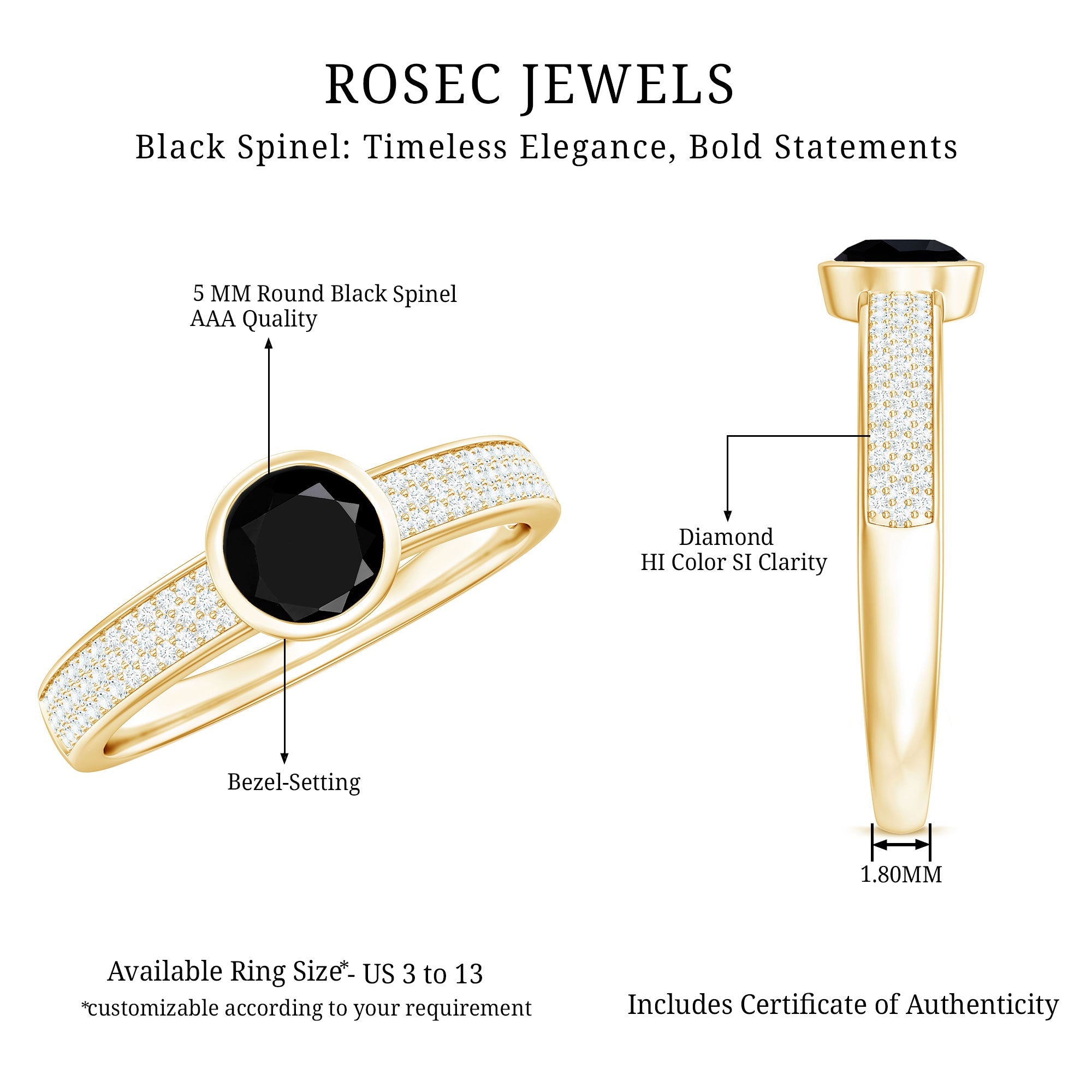 Natural Black Spinel Bezel Set Engagement Ring with Diamond Side Stones
