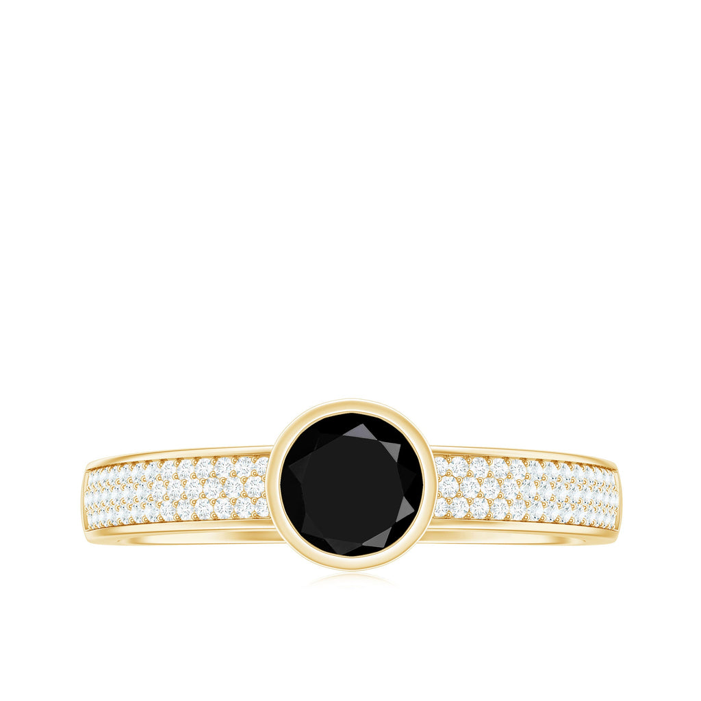 Natural Black Spinel Bezel Set Engagement Ring with Diamond Side Stones