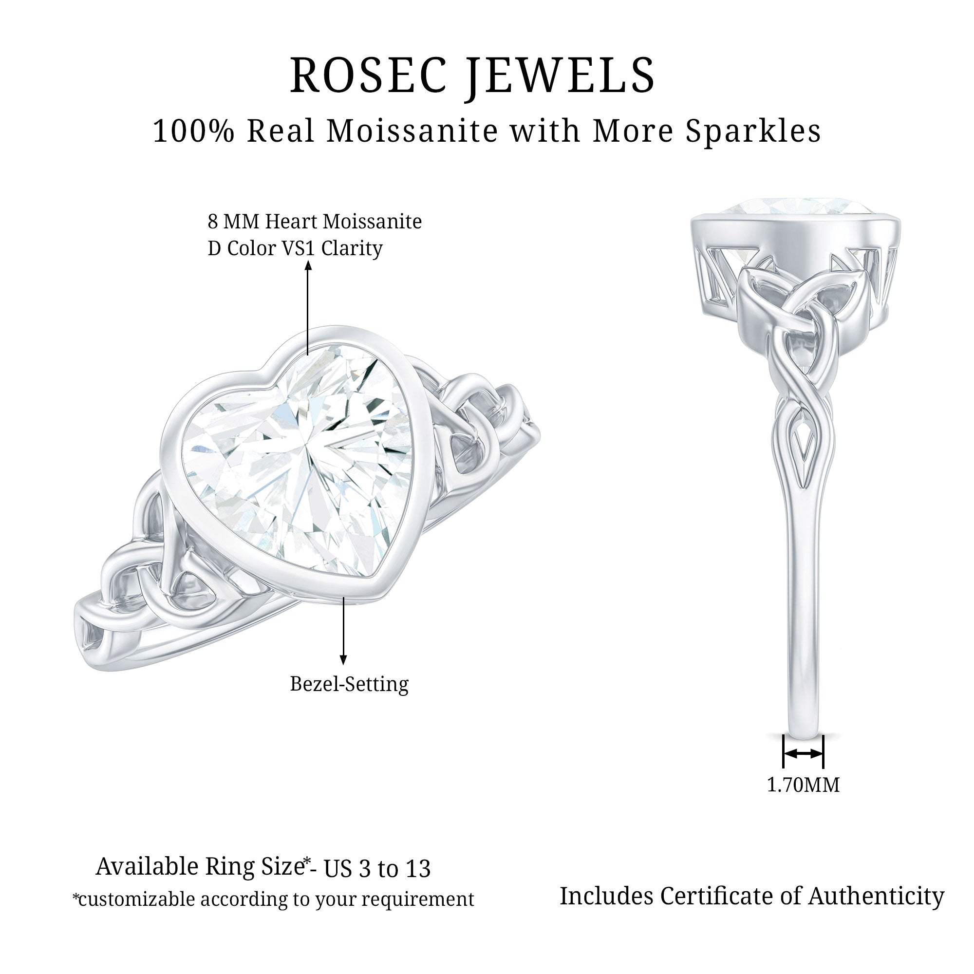 Heart Shape Moissanite Knot Engagement Ring in Bezel Setting