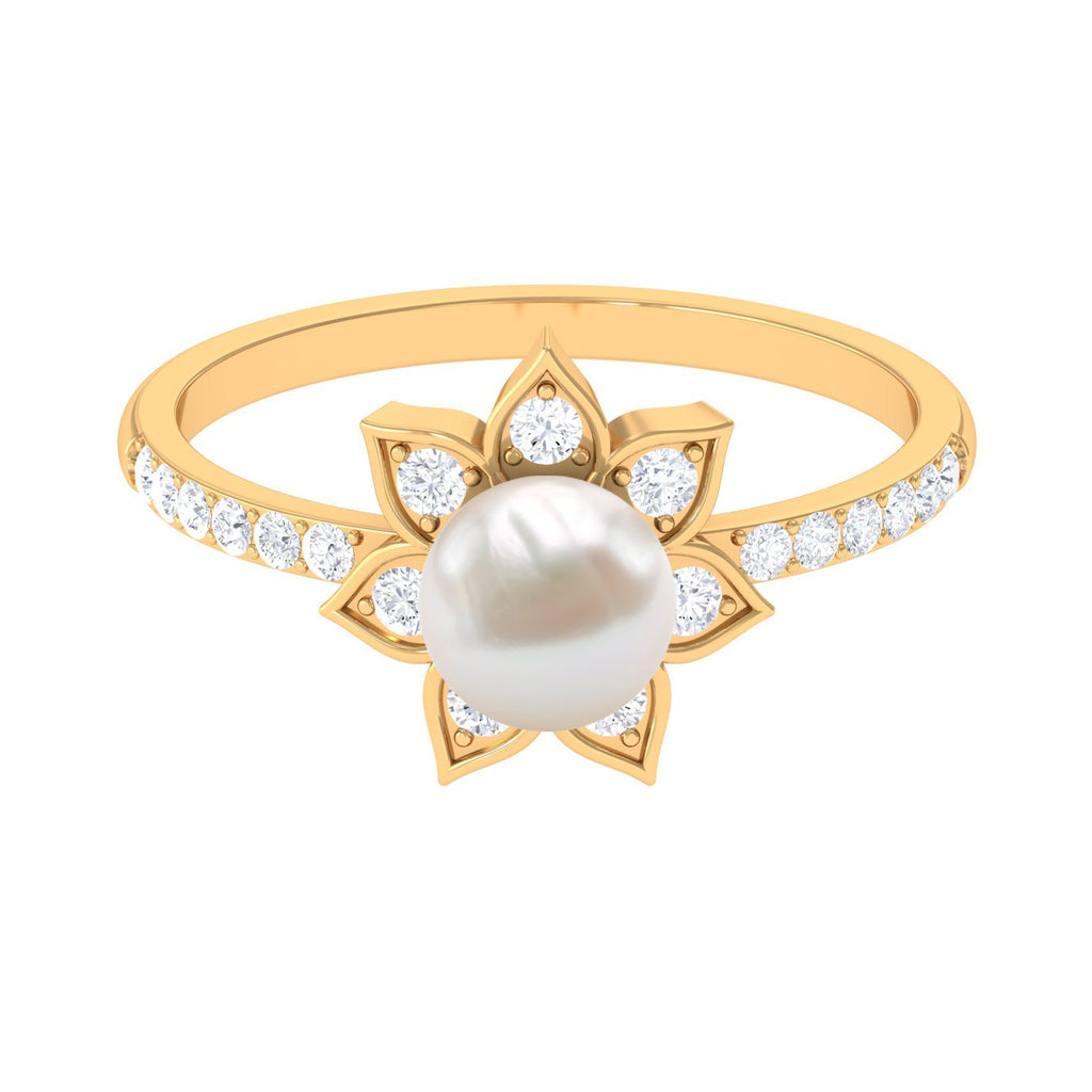 Freshwater Pearl Solitaire Floral Engagement Ring with Diamond