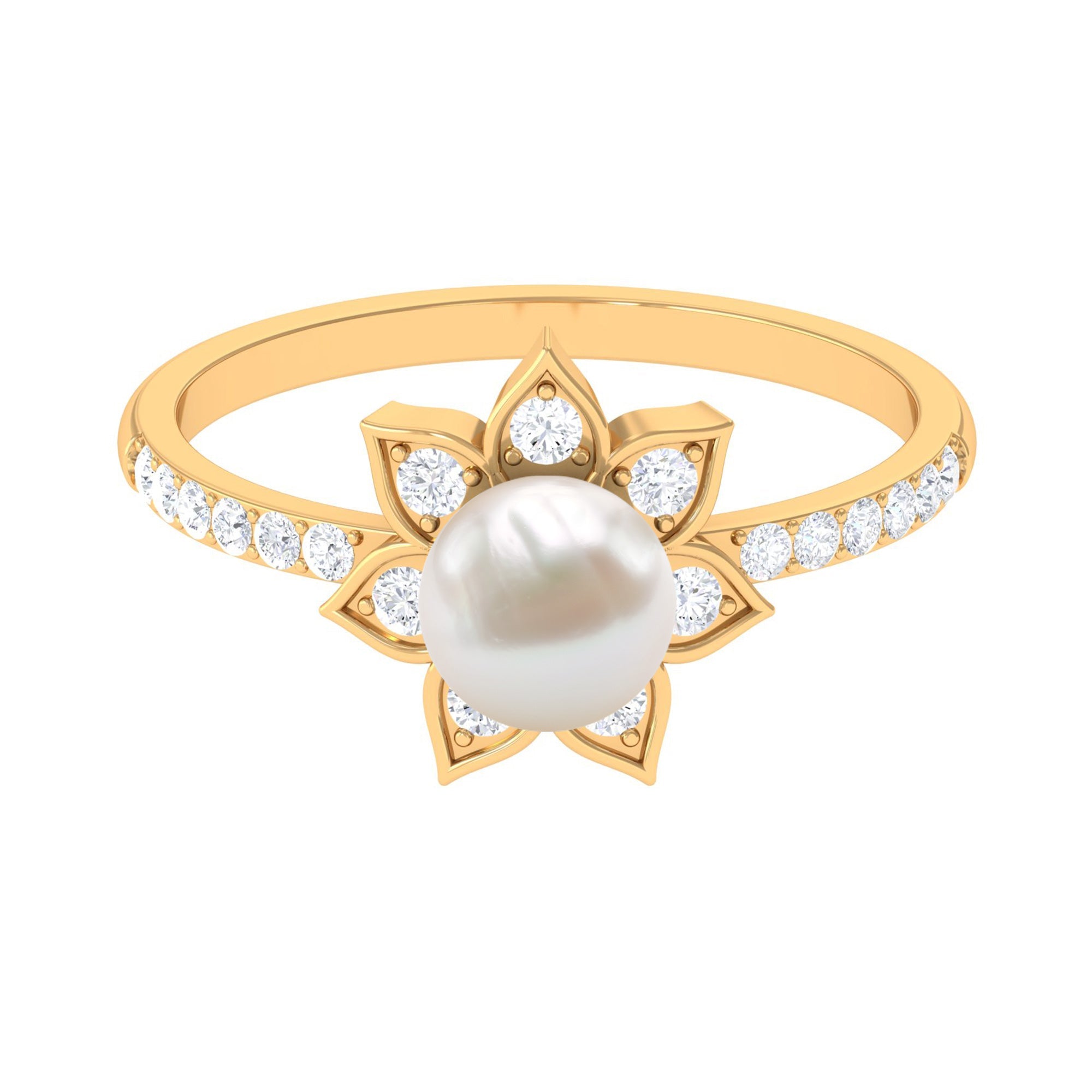 Freshwater Pearl Solitaire Floral Engagement Ring with Diamond