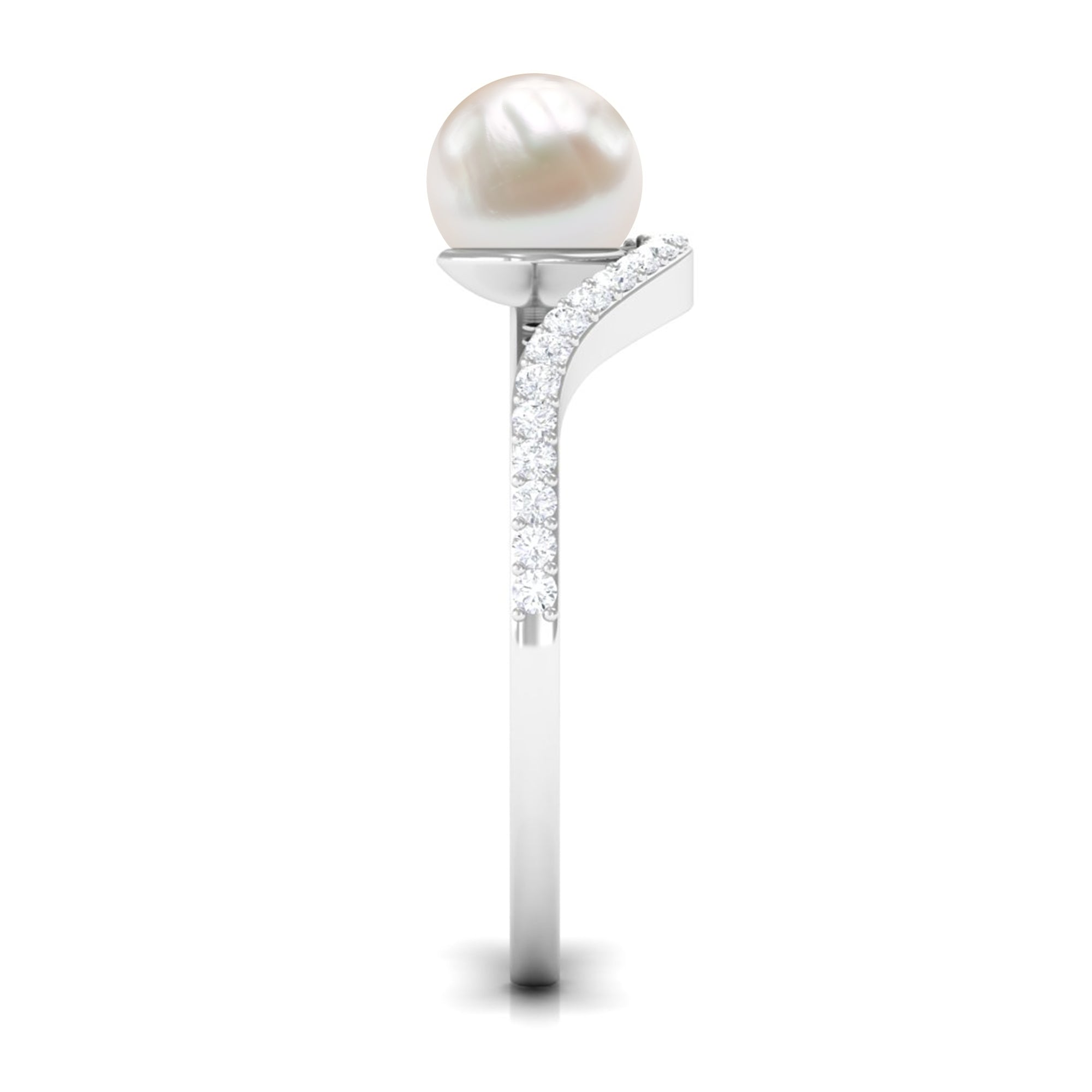 Cultured 2.2 Carat White Pearl Engagement Ring with Diamond Bypass Shank