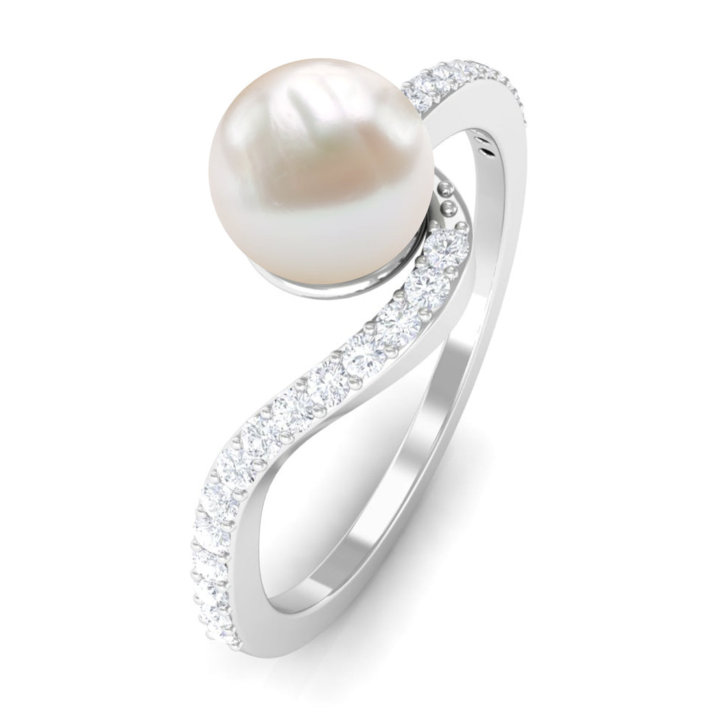 Cultured 2.2 Carat White Pearl Engagement Ring with Diamond Bypass Shank