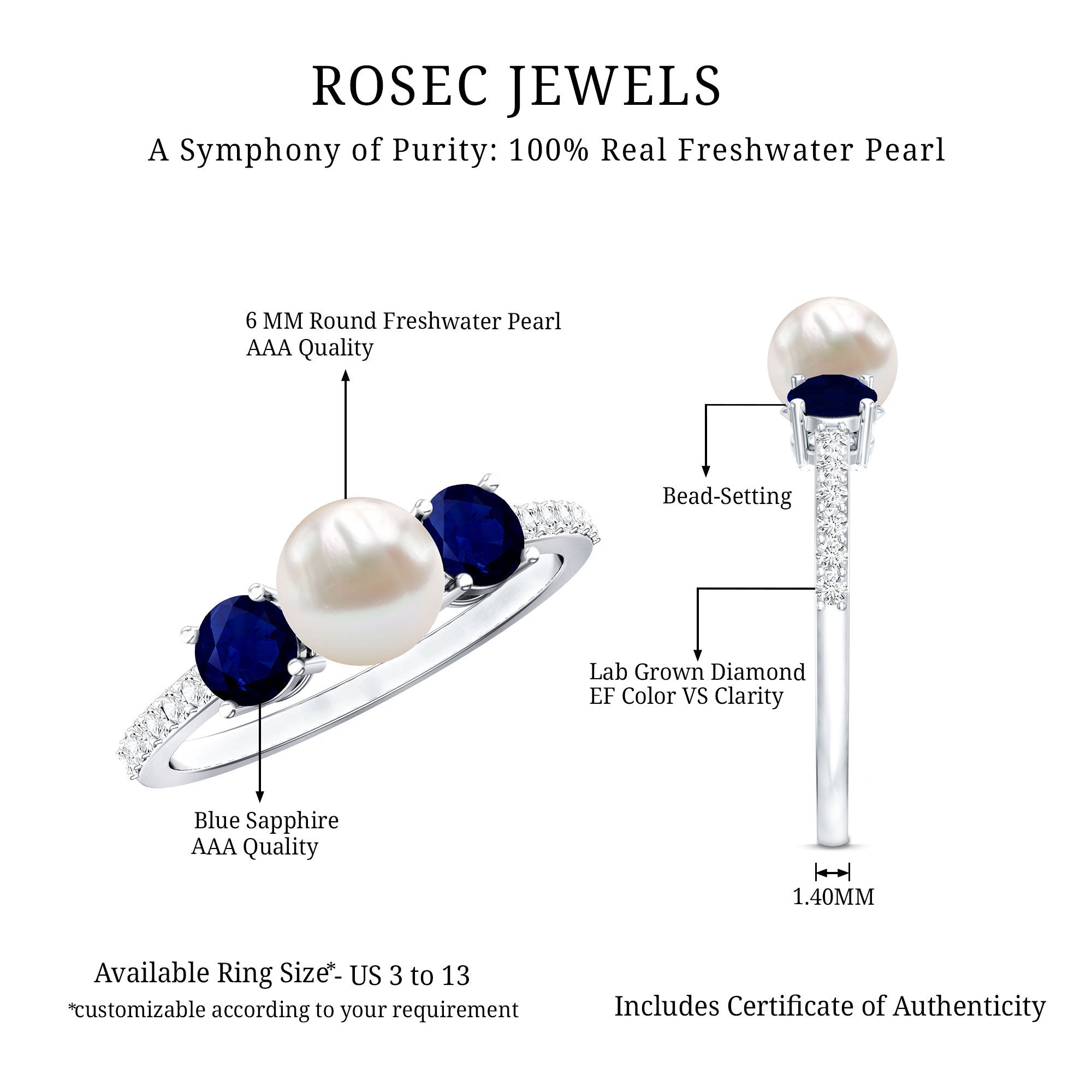 Natural Freshwater Pearl and Blue Sapphire 3 Stone Engagement Ring with Diamond