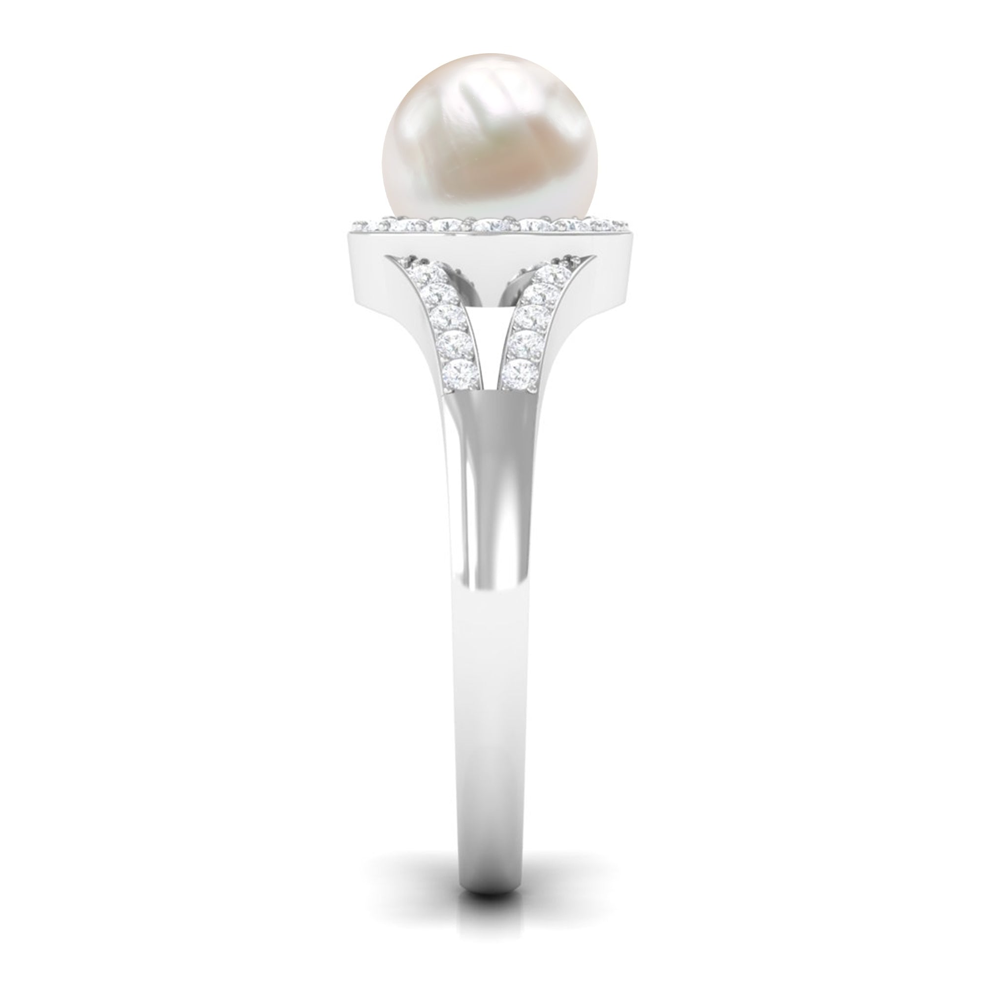 Split Shank Freshwater Pearl Engagement Ring with Diamond Halo