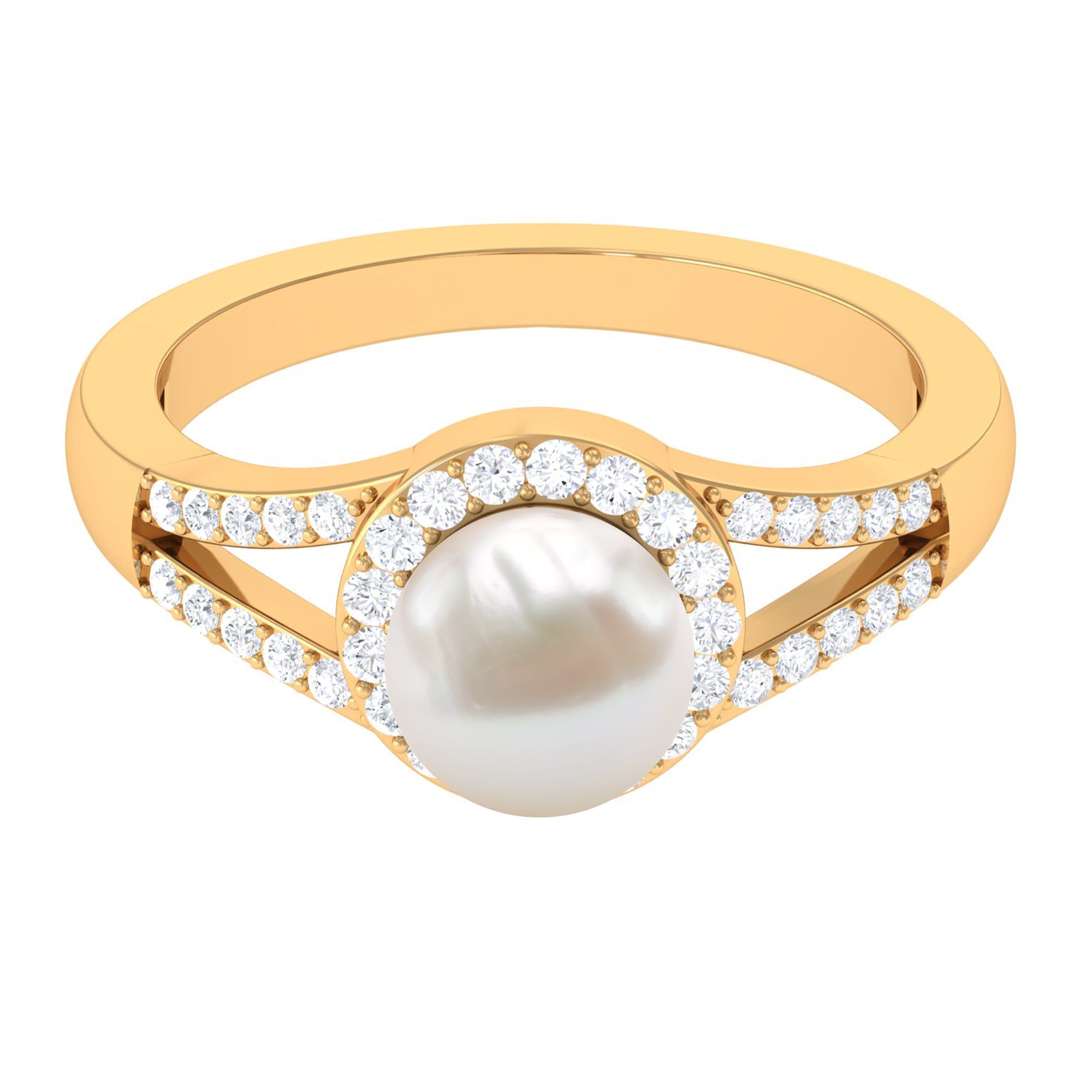Split Shank Freshwater Pearl Engagement Ring with Diamond Halo