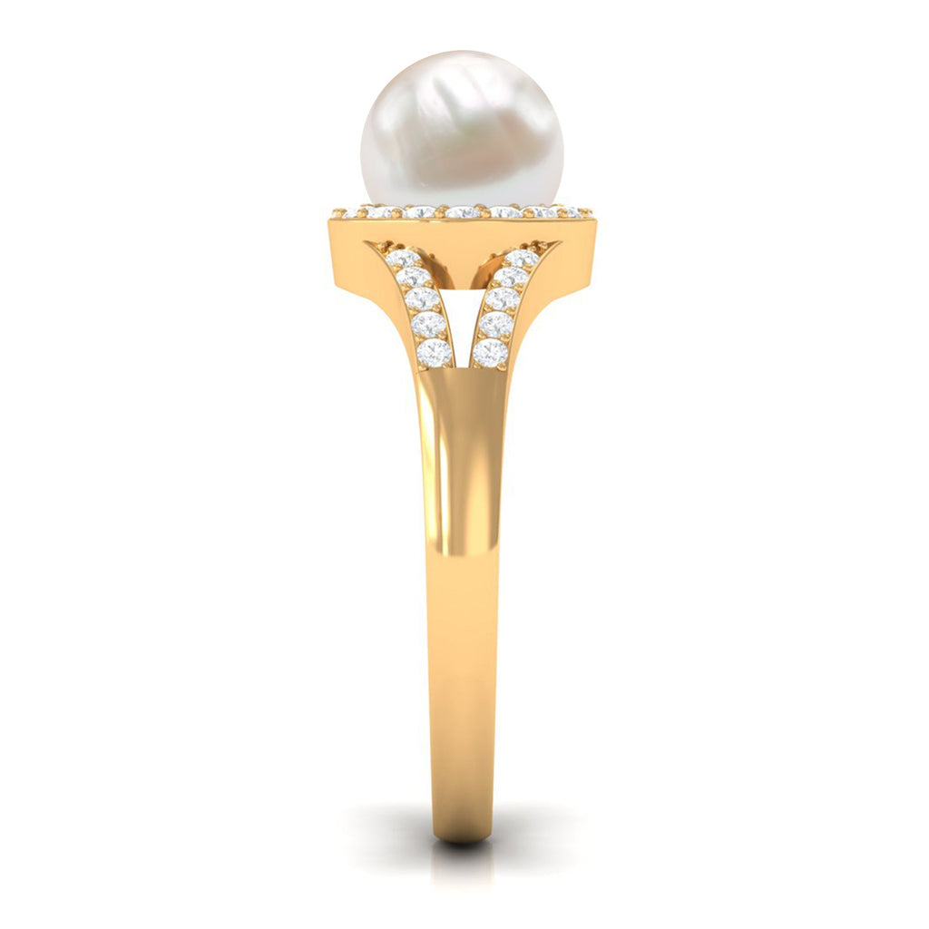 Split Shank Freshwater Pearl Engagement Ring with Diamond Halo