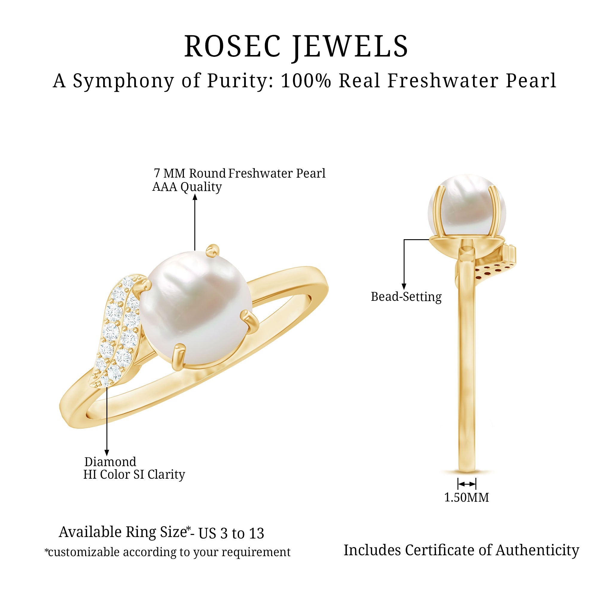Cultured 3 Carat Freshwater Pearl Solitaire Engagement Ring with Diamond