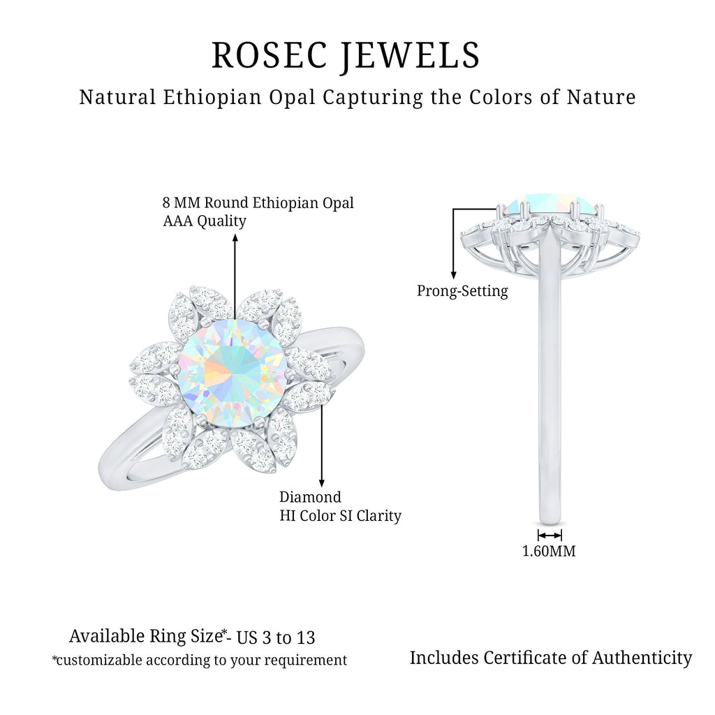 2 Carat Round Shape Ethiopian Opal Floral Engagement Ring with Diamond