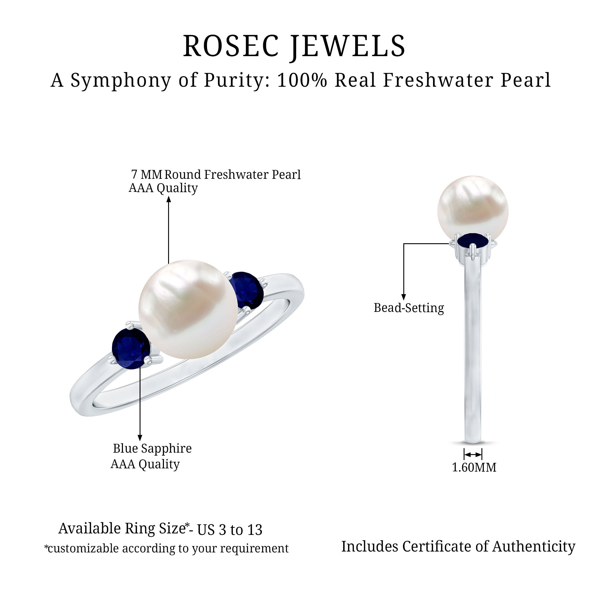 Cultured Freshwater Pearl Engagement Ring with Blue Sapphire