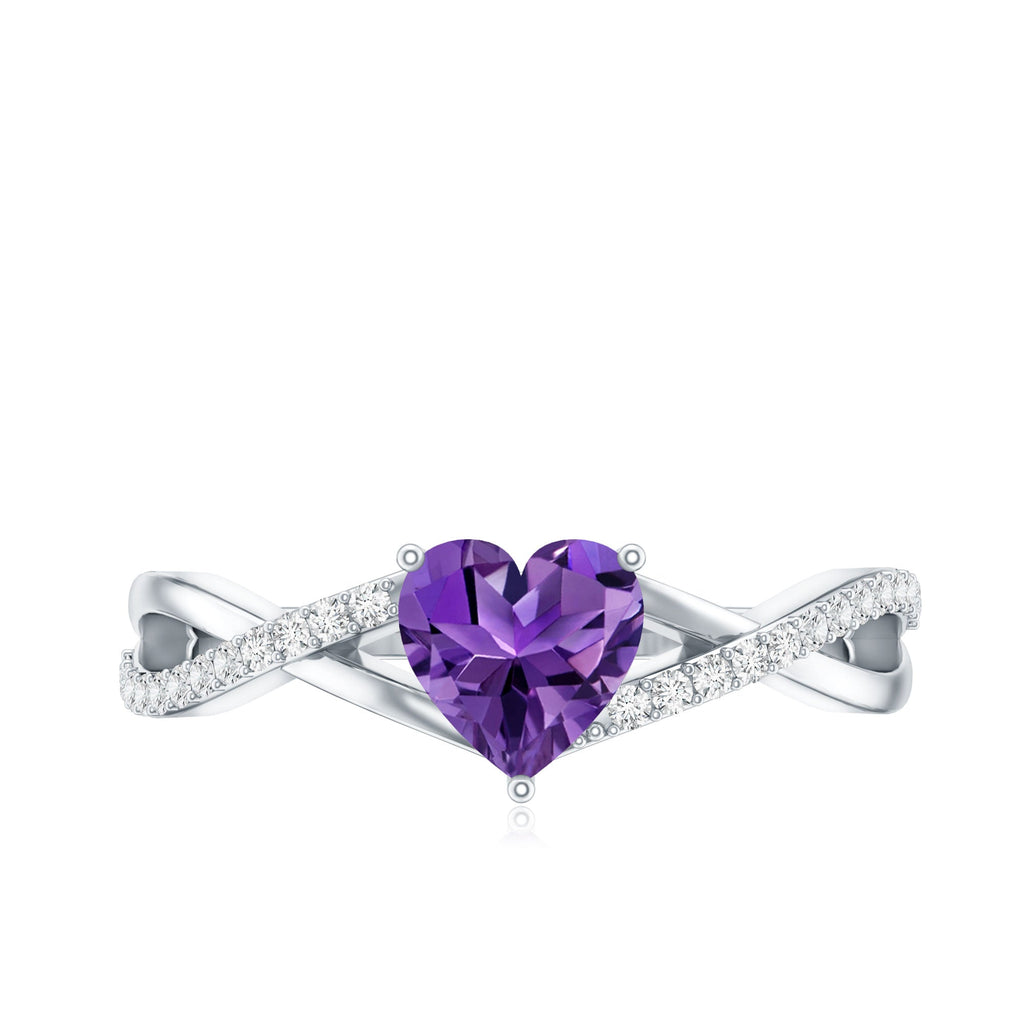 Genuine 0.9 Carat Amethyst Heart Engagement Ring with Diamond Crossover Shank