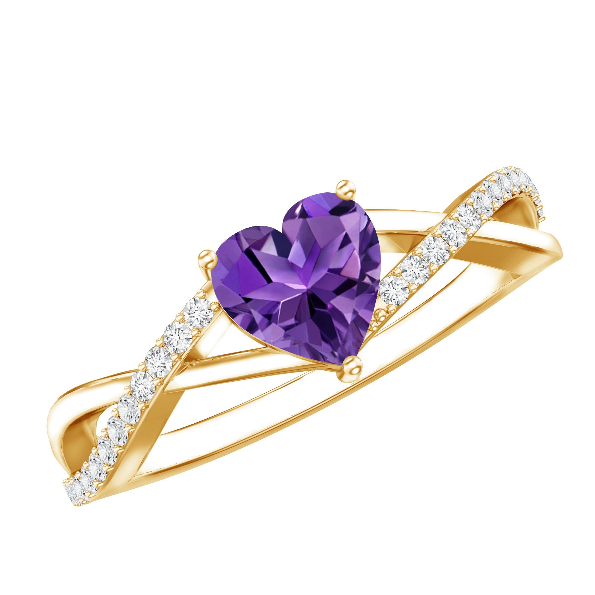 Genuine 0.9 Carat Amethyst Heart Engagement Ring with Diamond Crossover Shank
