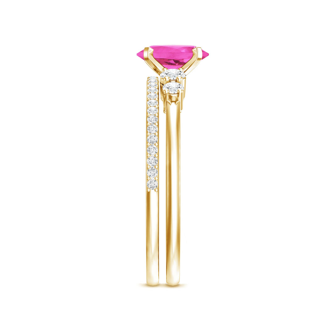 1.5 Carat Oval Cut Solitaire Created Pink Sapphire Ring Set with Diamond