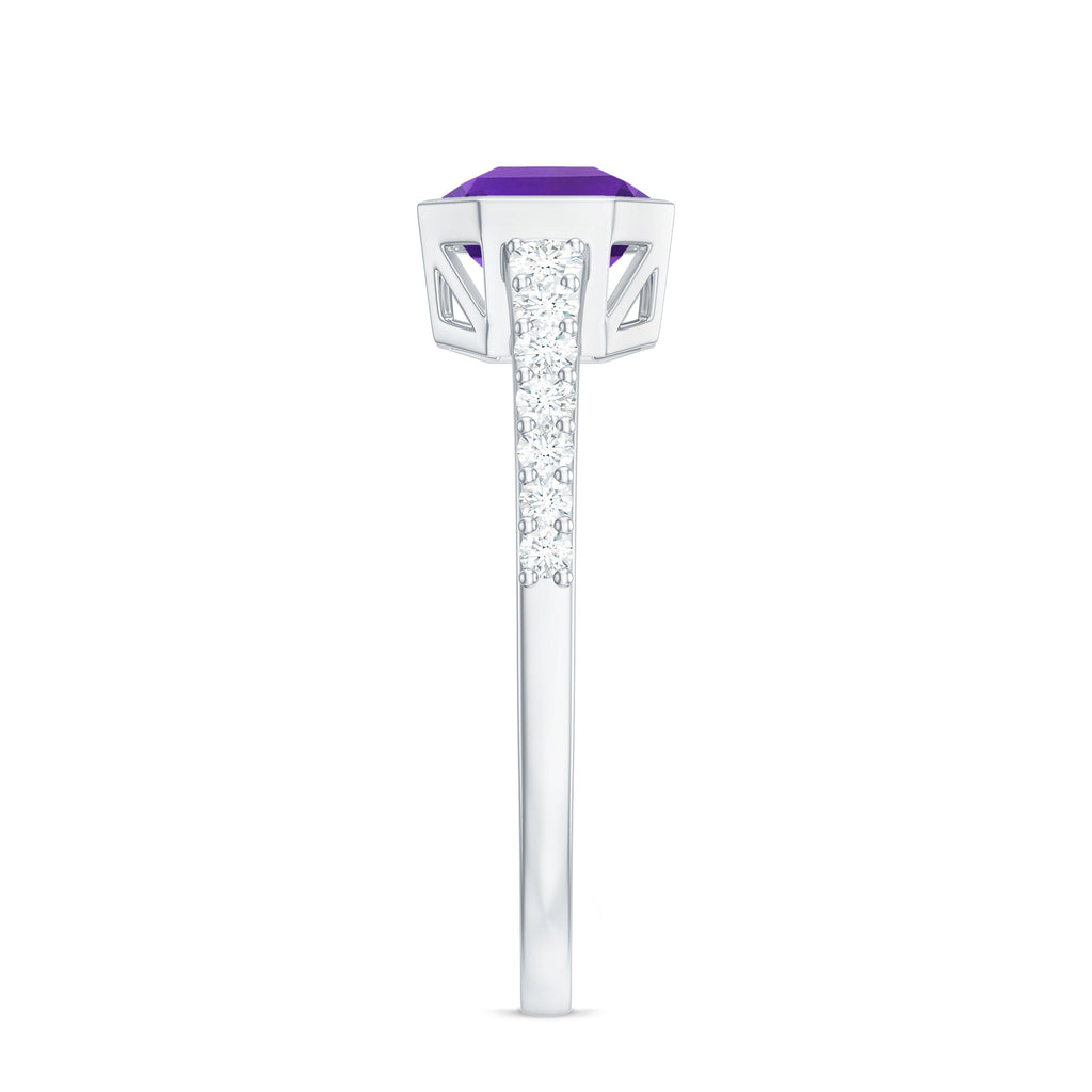 Bezel Asscher Amethyst Solitaire Ring with Diamond Side Stones