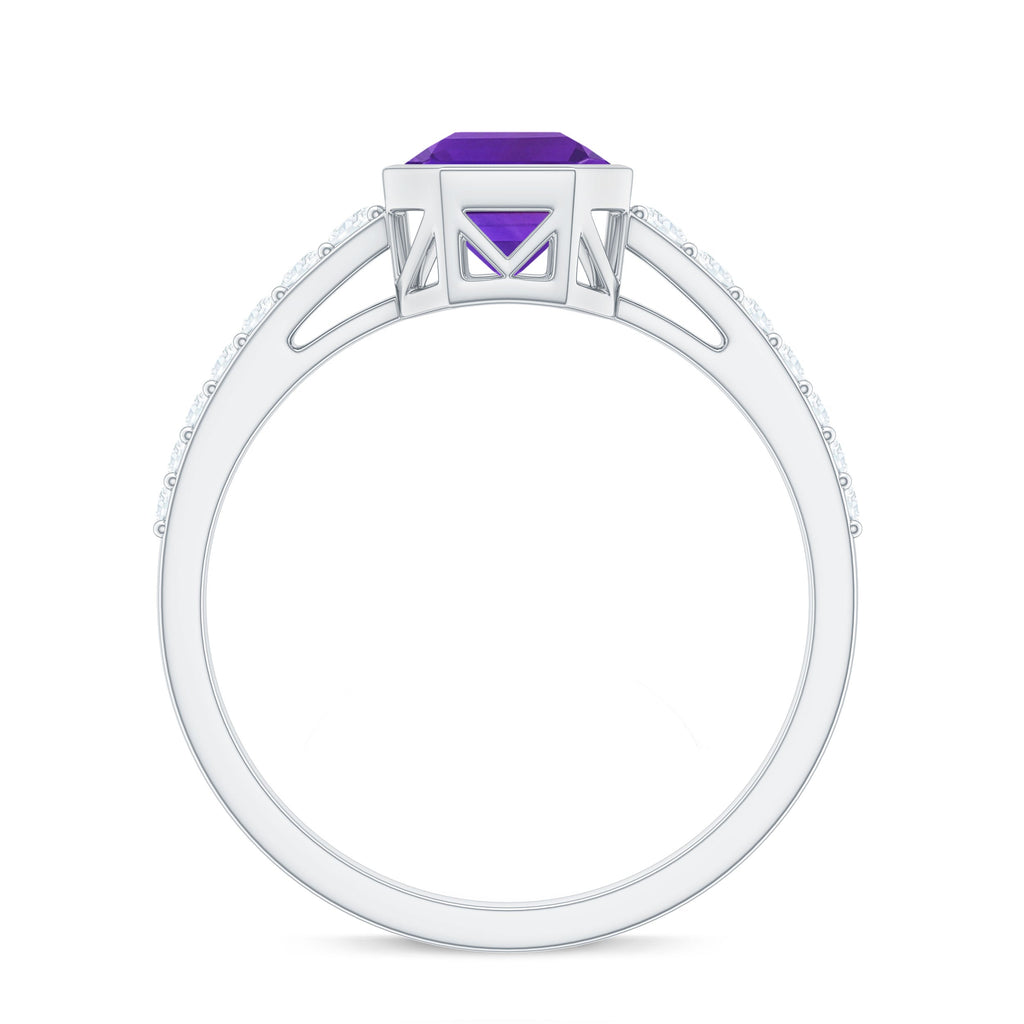 Bezel Asscher Amethyst Solitaire Ring with Diamond Side Stones