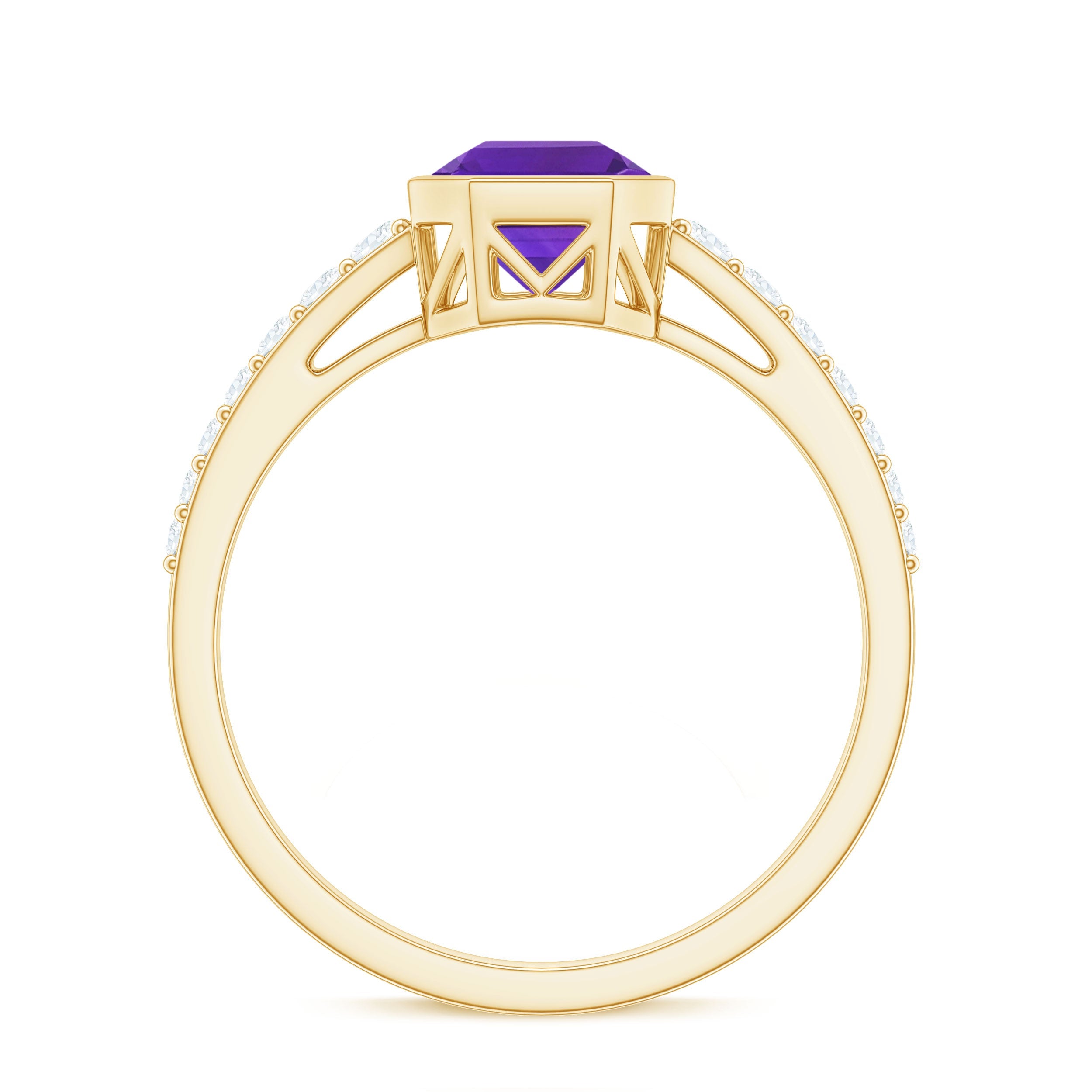 Bezel Asscher Amethyst Solitaire Ring with Diamond Side Stones