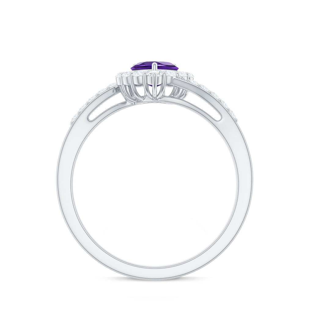 Real 0.9 Carat Amethyst Heart Engagement Ring with Diamond Halo