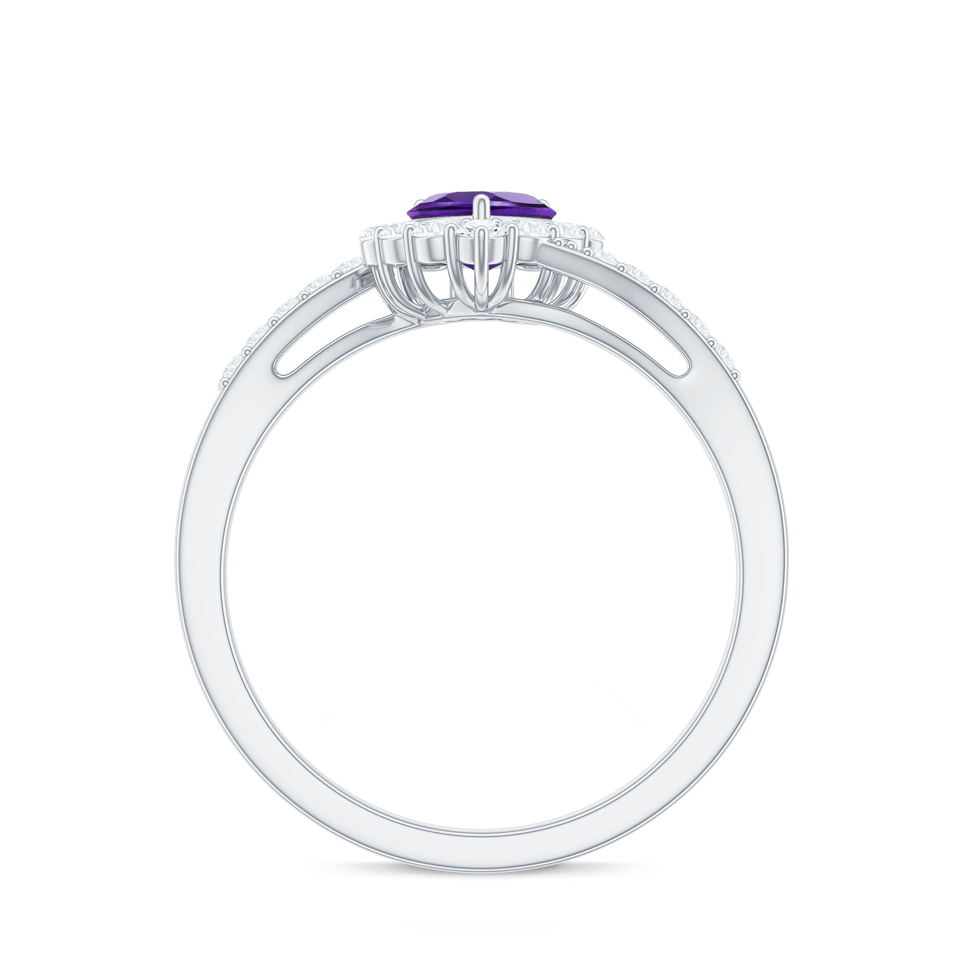 Real 0.9 Carat Amethyst Heart Engagement Ring with Diamond Halo