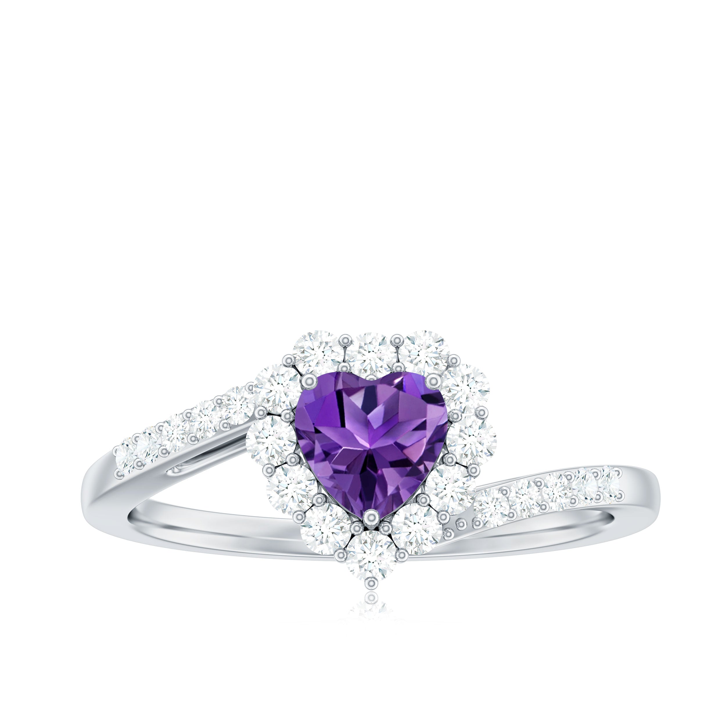 Real 0.9 Carat Amethyst Heart Engagement Ring with Diamond Halo