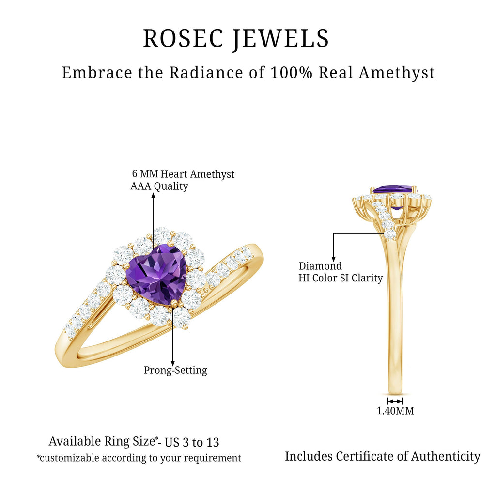 Real 0.9 Carat Amethyst Heart Engagement Ring with Diamond Halo
