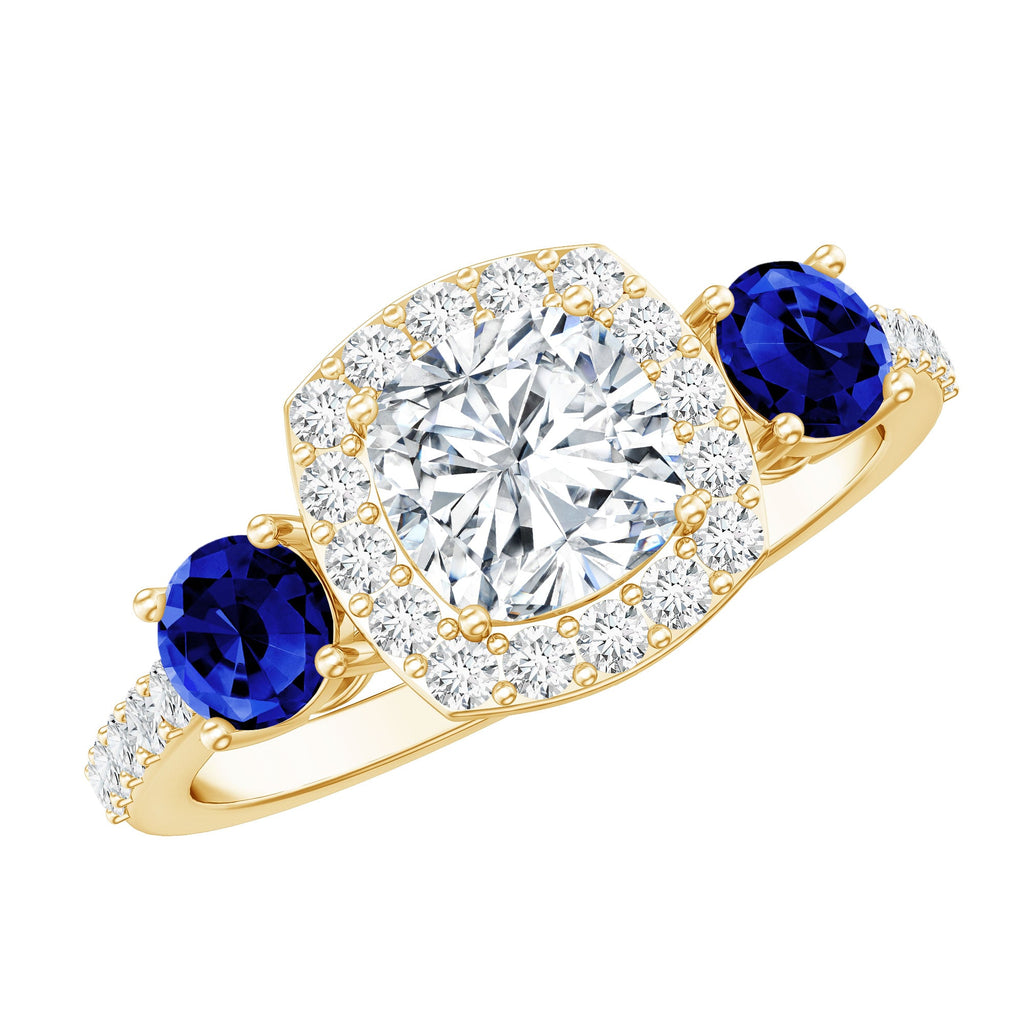 Certified 1.7 Carat Cushion Cut Lab Grown Diamond Engagement Ring with Blue Sapphire