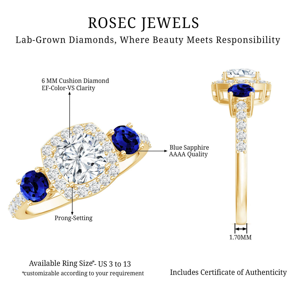 Certified 1.7 Carat Cushion Cut Lab Grown Diamond Engagement Ring with Blue Sapphire