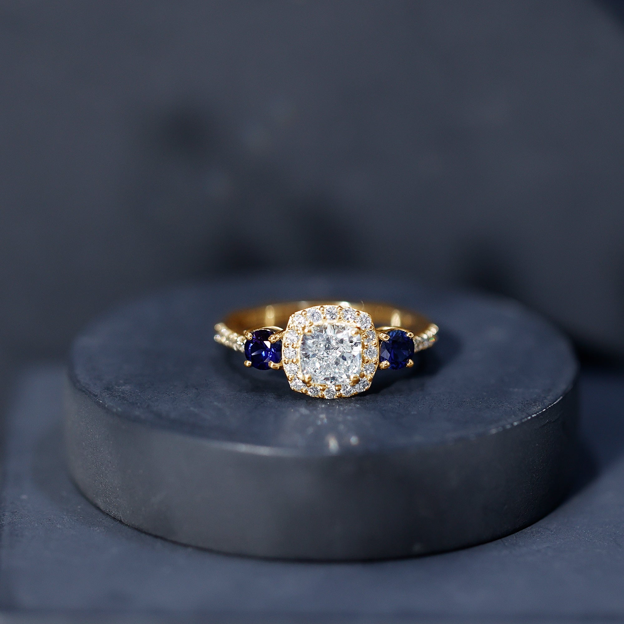 Certified 1.7 Carat Cushion Cut Lab Grown Diamond Engagement Ring with Blue Sapphire