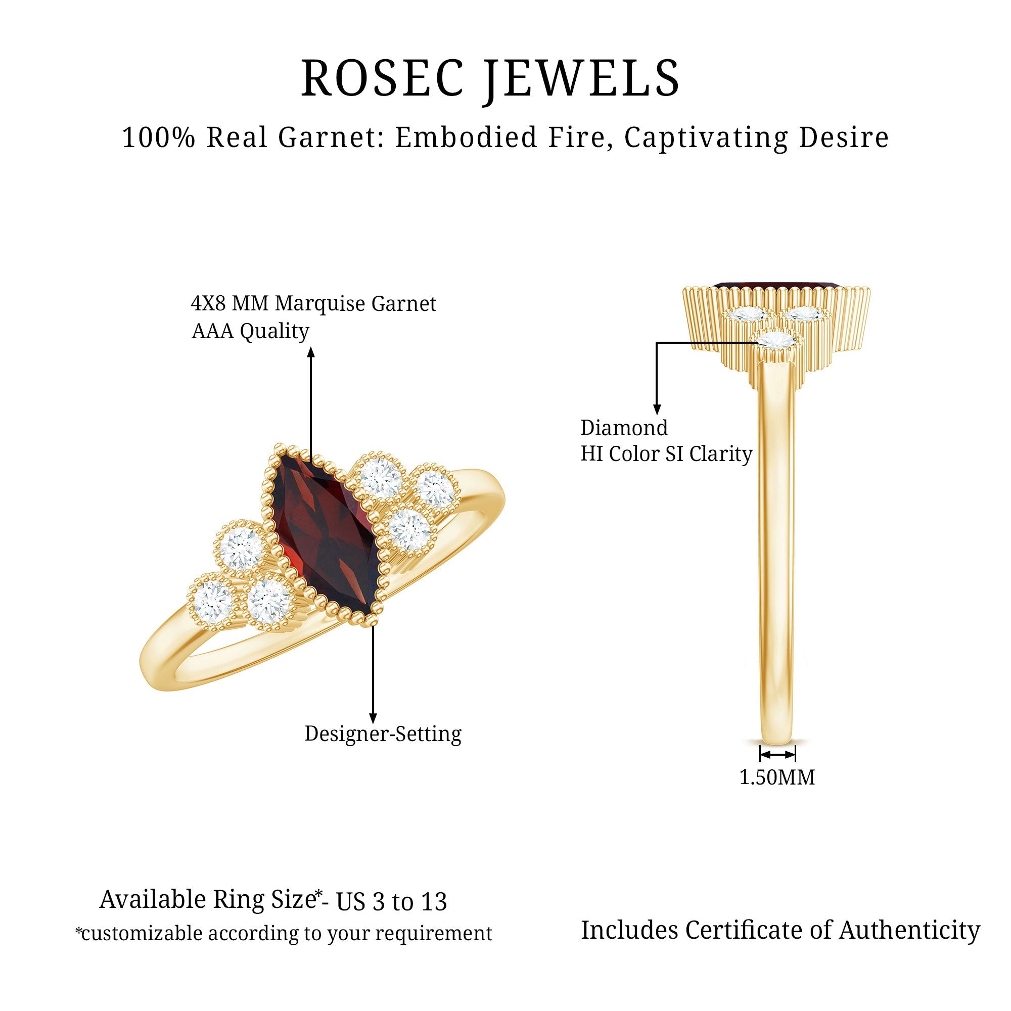 Natural 0.7 Carat Garnet Marquise Engagement Ring with Diamond