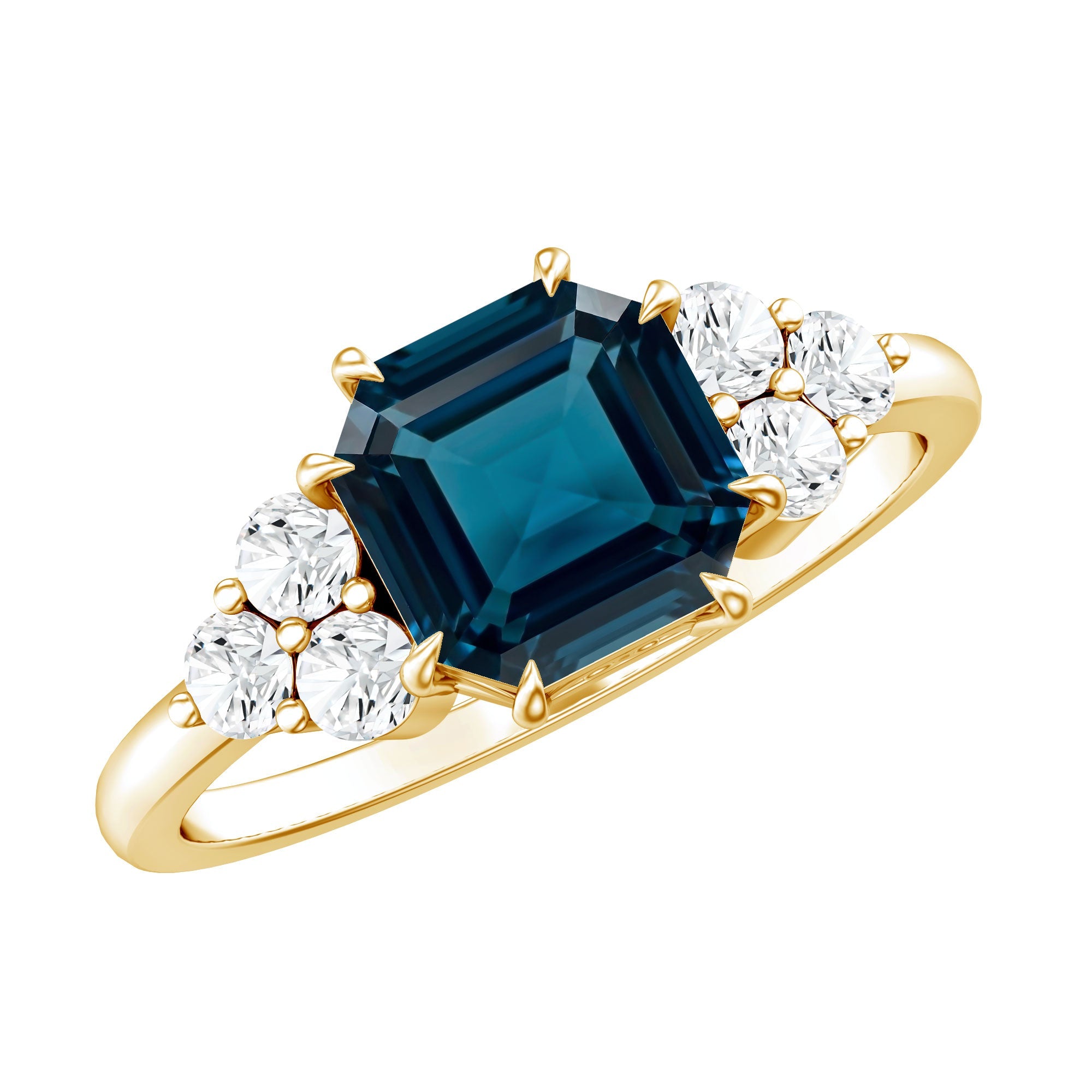 Asscher Cut London Blue Topaz Solitaire Engagement Ring with Diamond Trio