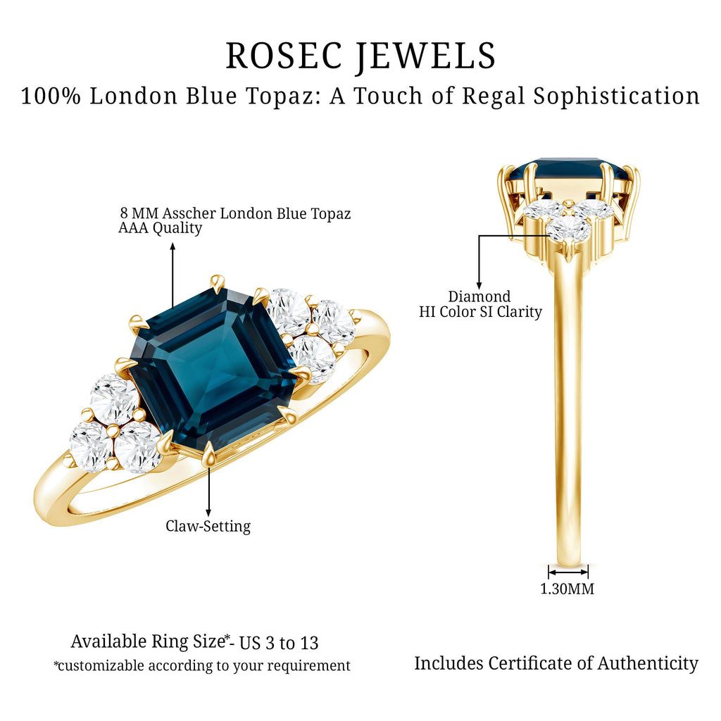 Asscher Cut London Blue Topaz Solitaire Engagement Ring with Diamond Trio