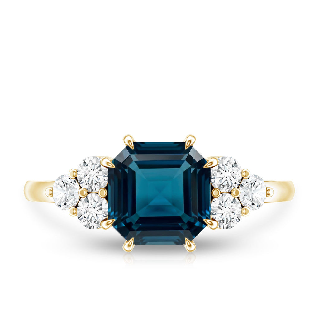 Asscher Cut London Blue Topaz Solitaire Engagement Ring with Diamond Trio