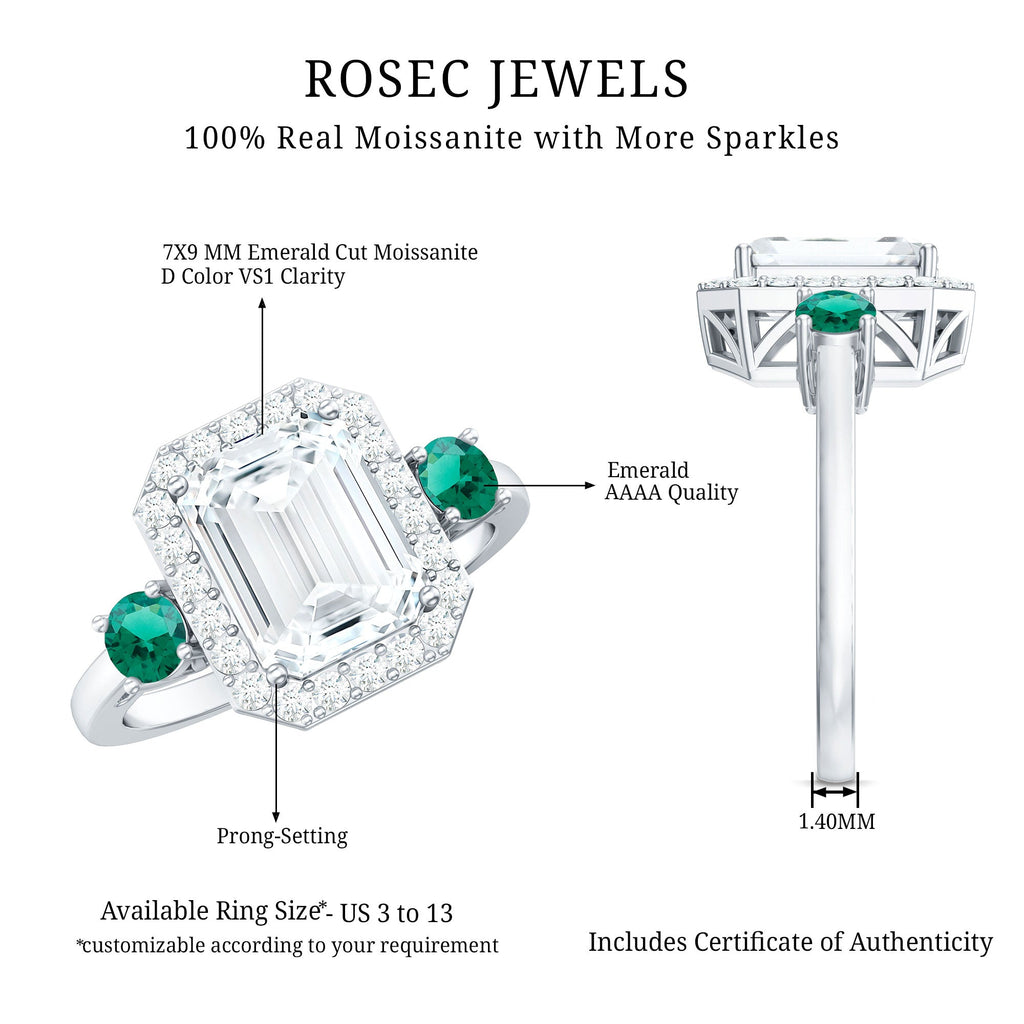 Certified 2.8 Carat Moissanite Emerald Cut Engagement Ring with Emerald