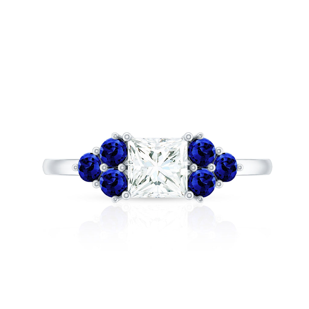Moissanite Princess Cut Engagement Ring With Lab Grown Blue Sapphire