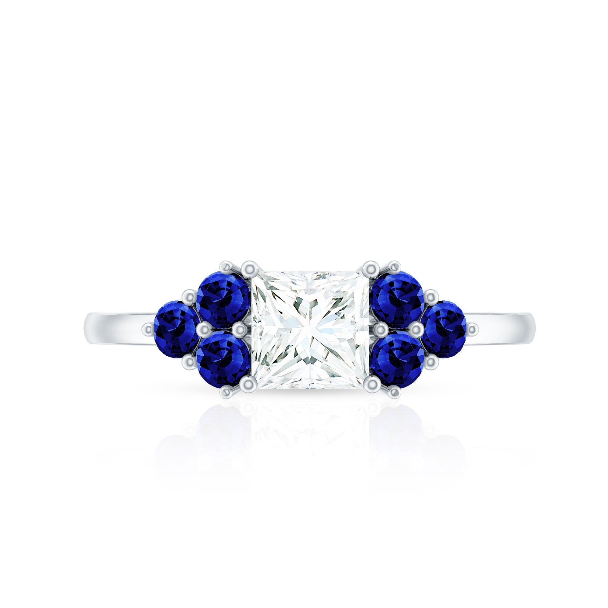 Moissanite Princess Cut Engagement Ring With Lab Grown Blue Sapphire