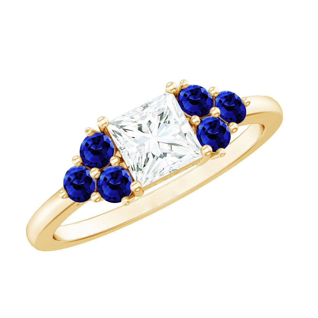 Moissanite Princess Cut Engagement Ring With Lab Grown Blue Sapphire