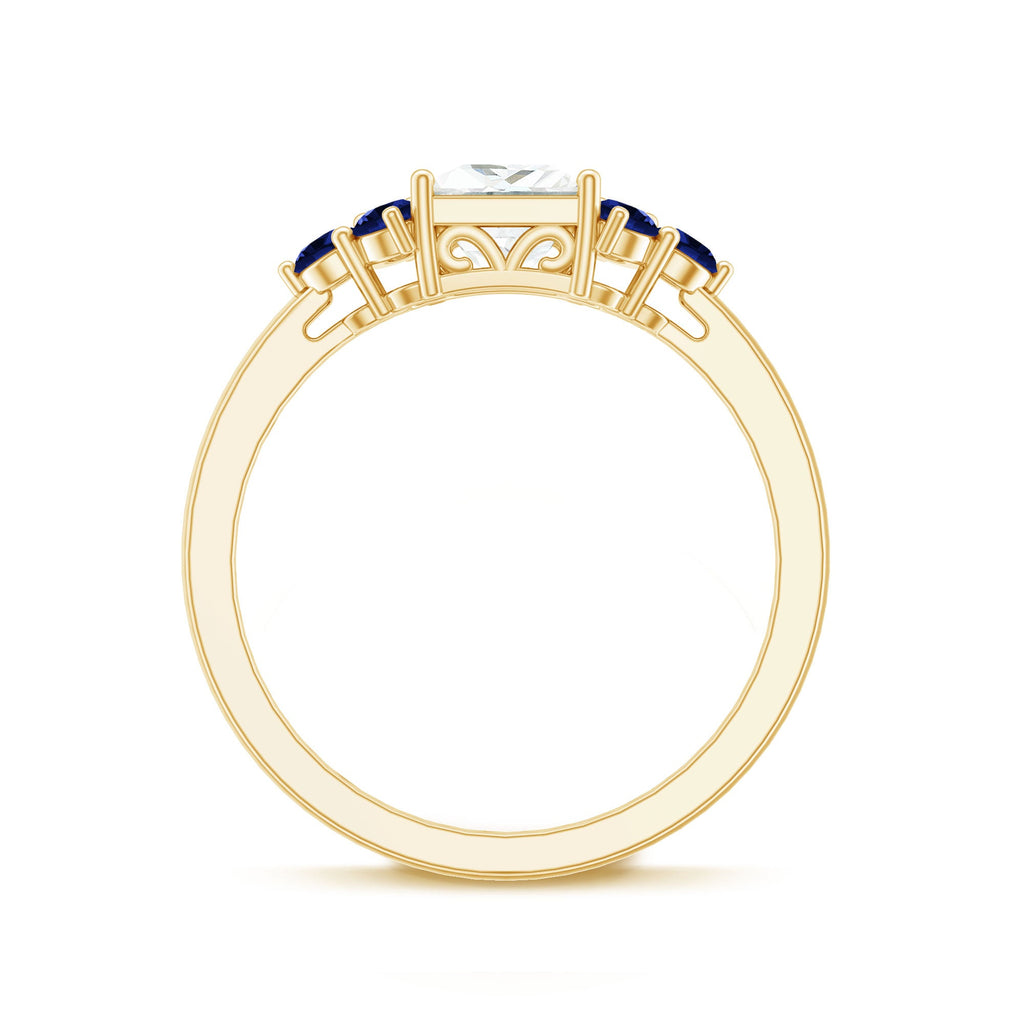 Moissanite Princess Cut Engagement Ring With Lab Grown Blue Sapphire
