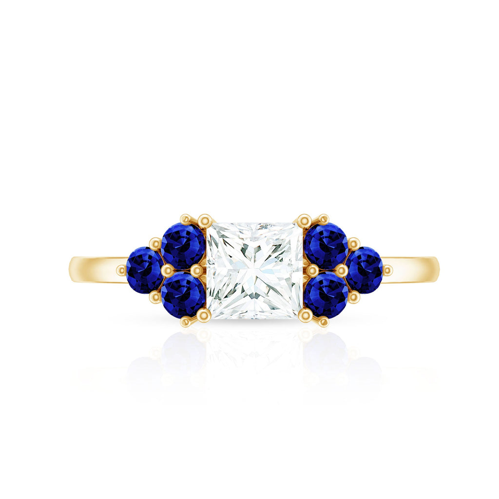 Moissanite Princess Cut Engagement Ring With Lab Grown Blue Sapphire