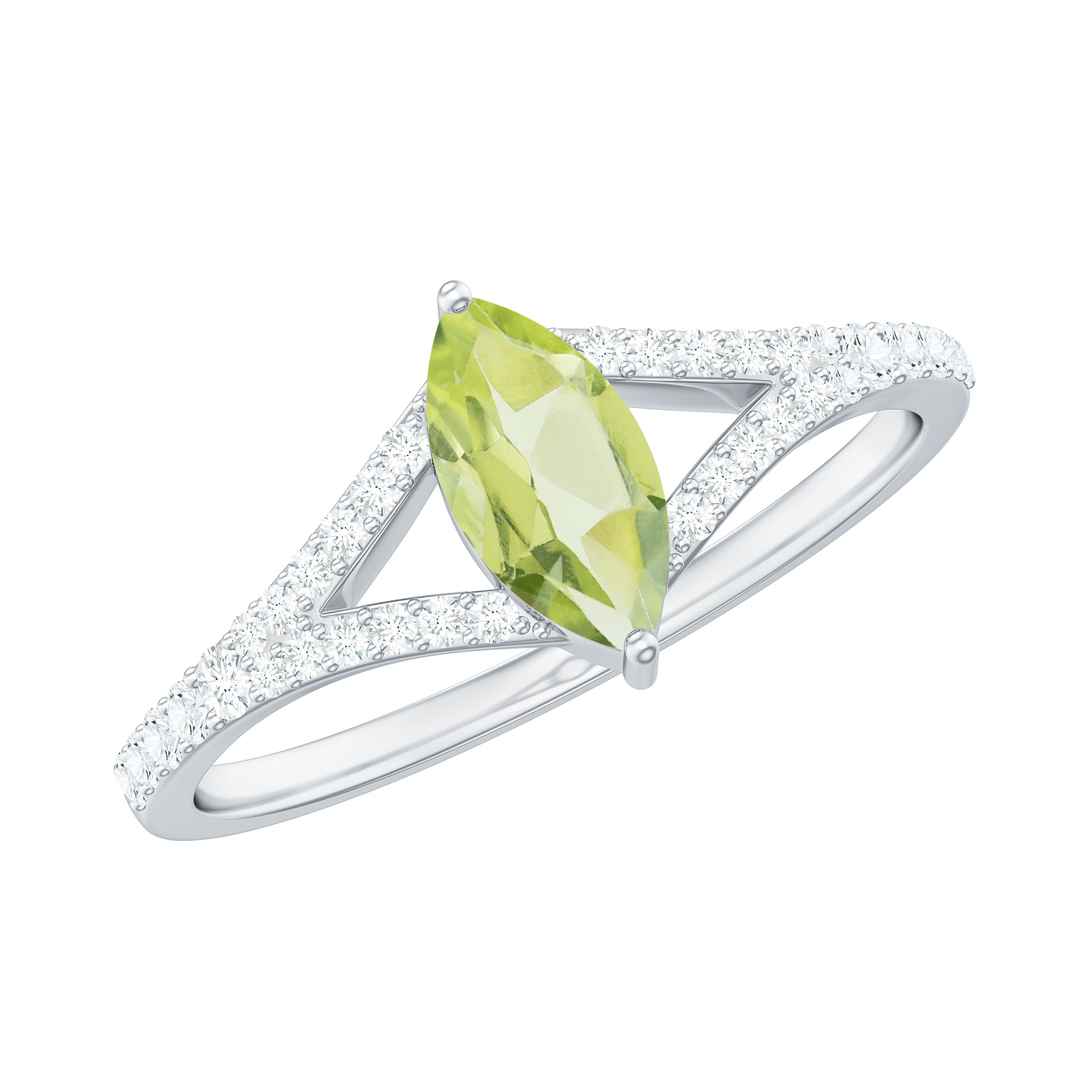Natural 0.7 Carat Marquise Shape Peridot Promise Ring with Diamond Split Shank