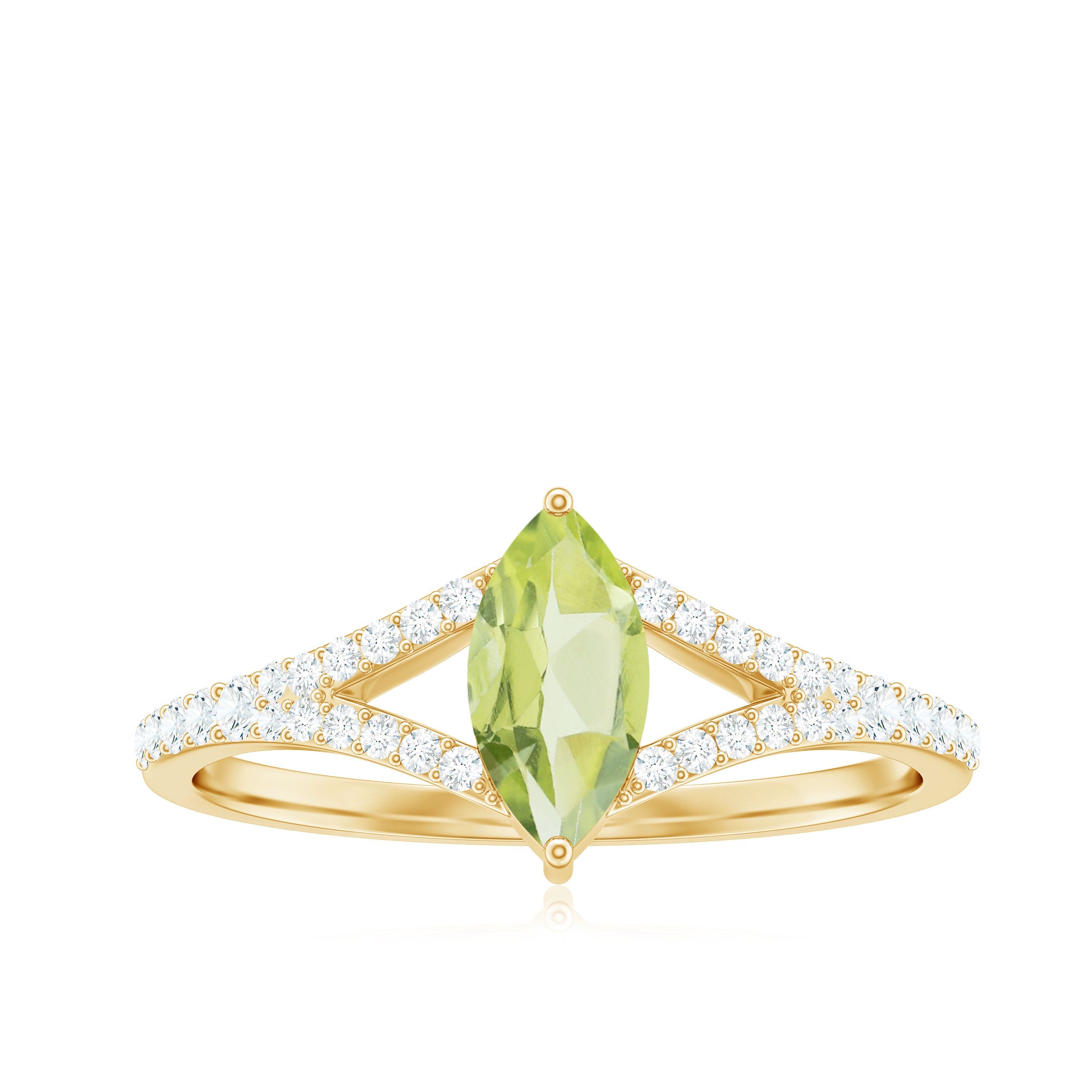 Natural 0.7 Carat Marquise Shape Peridot Promise Ring with Diamond Split Shank