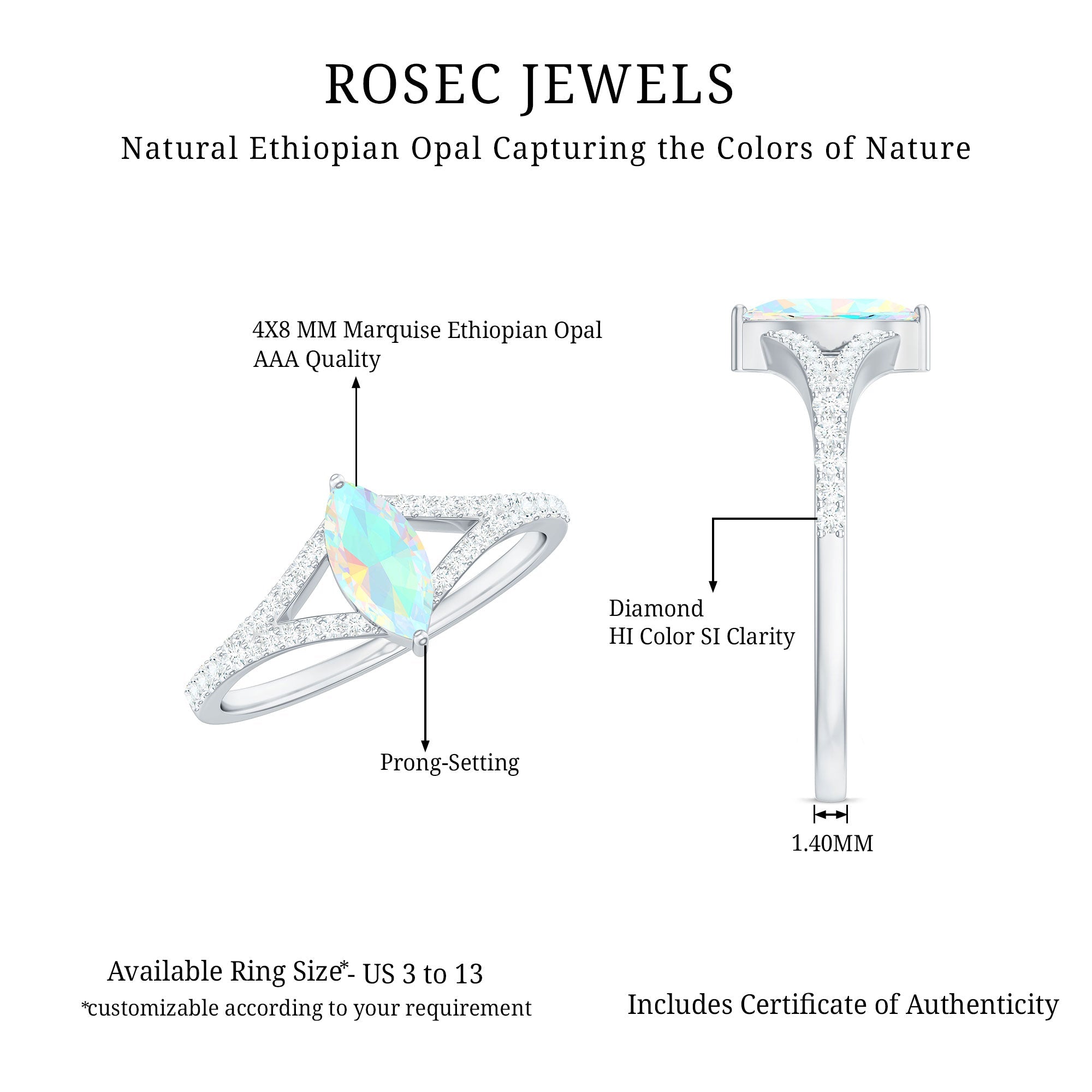 Natural Opal Marquise Engagement Ring with Diamond Split Shank