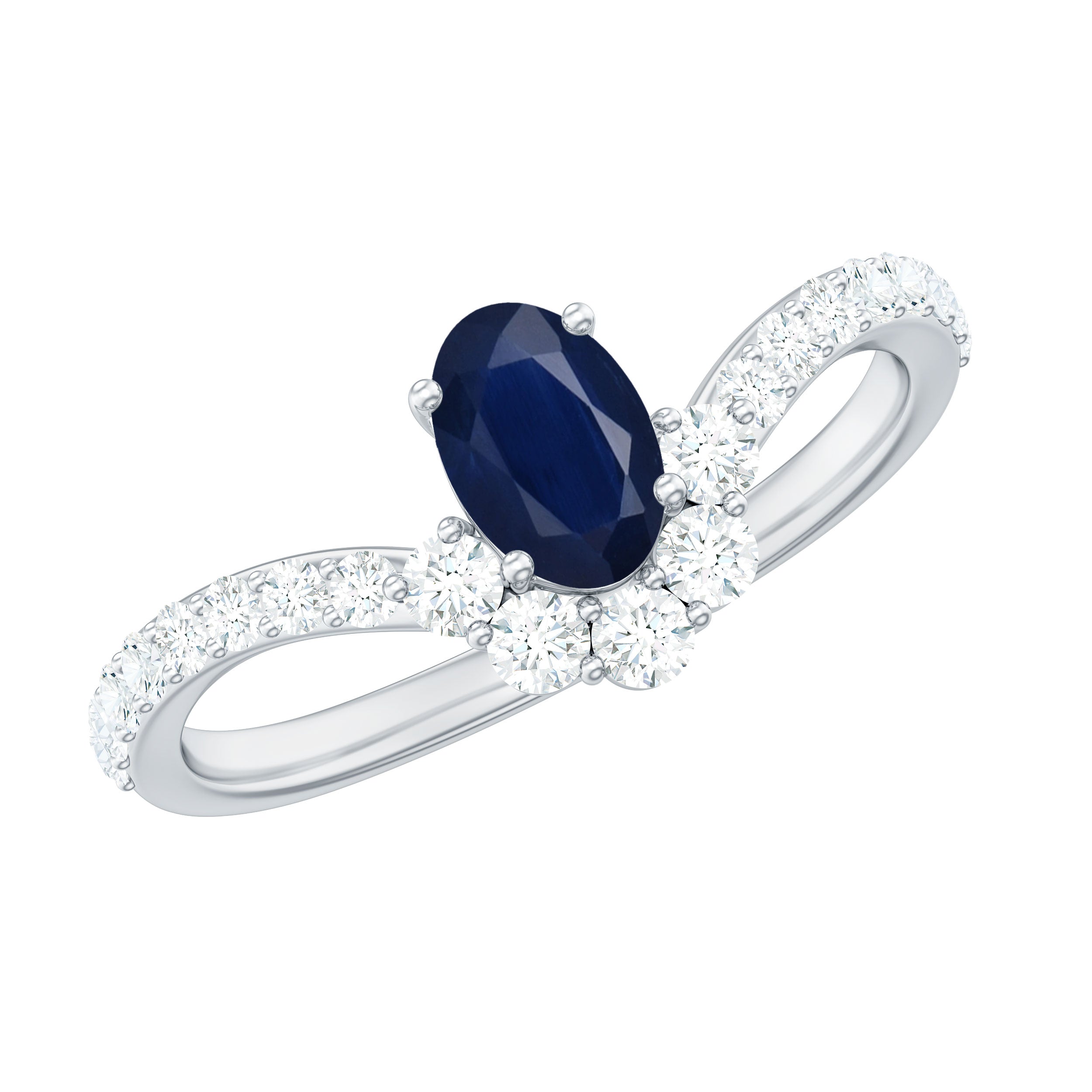 0.6 Carat Oval Cut Blue Sapphire and Diamond Chevron Ring