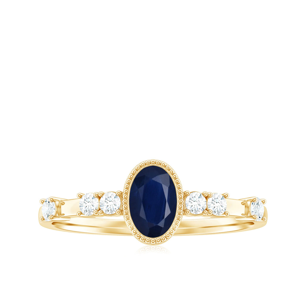 Vintage Looking Blue Sapphire Oval Engagement Ring with Diamond