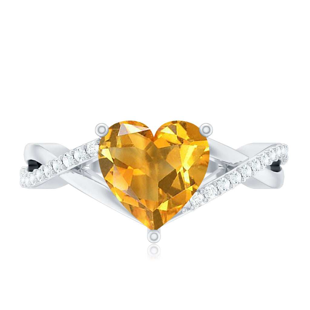 Natural 2 Carat Citrine Heart Engagement Ring with Diamond Crossover Shank