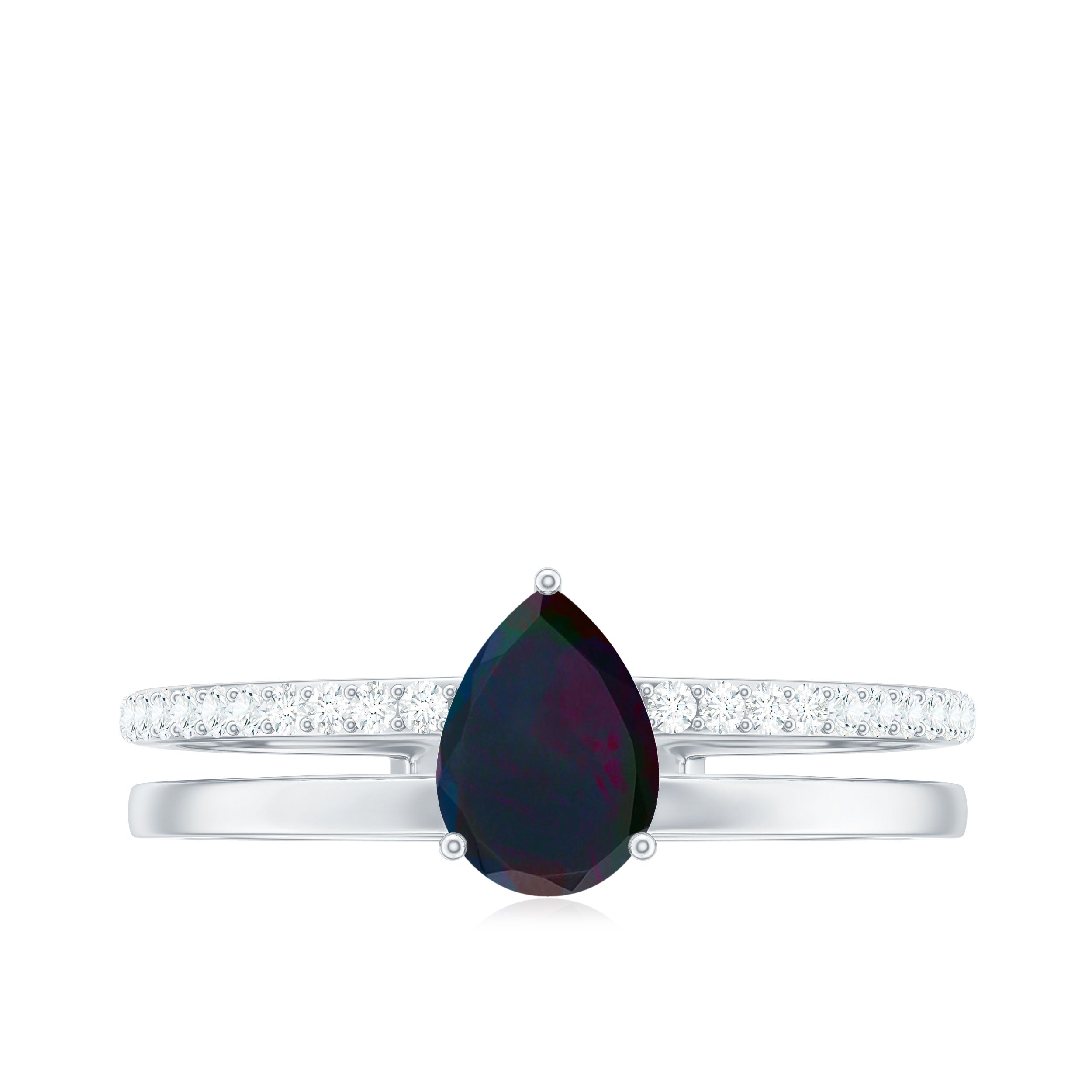 Pear Cut Black Opal and Diamond Double Band Engagement Ring