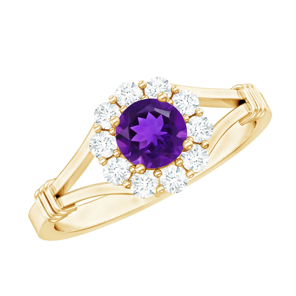 0.45 Carat Amethyst and Diamond Halo Engagement Ring in Split Shank
