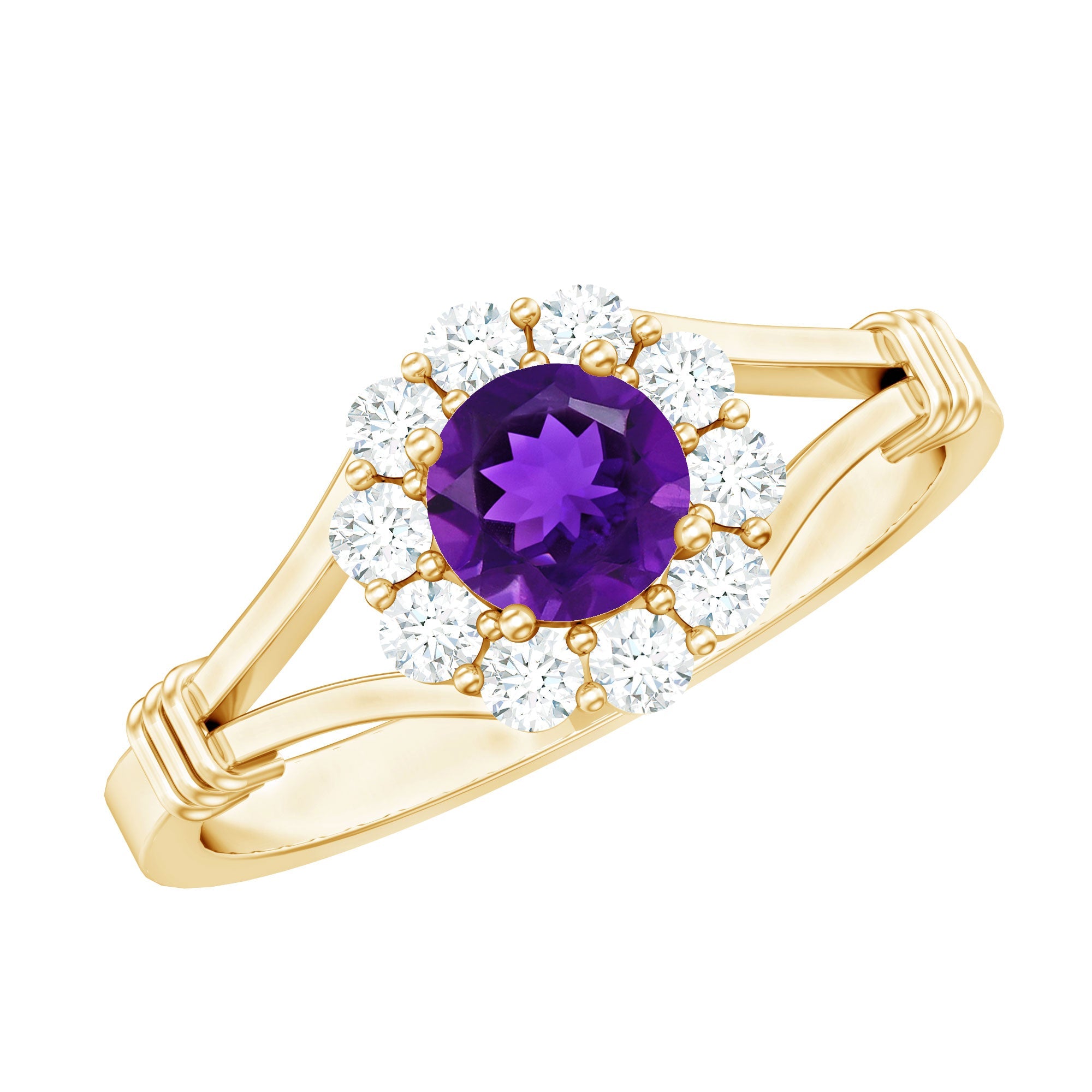 0.45 Carat Amethyst and Diamond Halo Engagement Ring in Split Shank