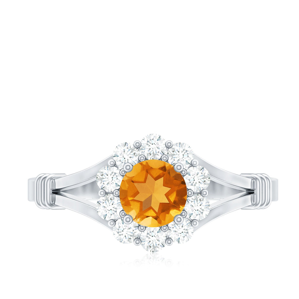 Genuine Citrine Diamond Flower Engagement Ring with Split Shank