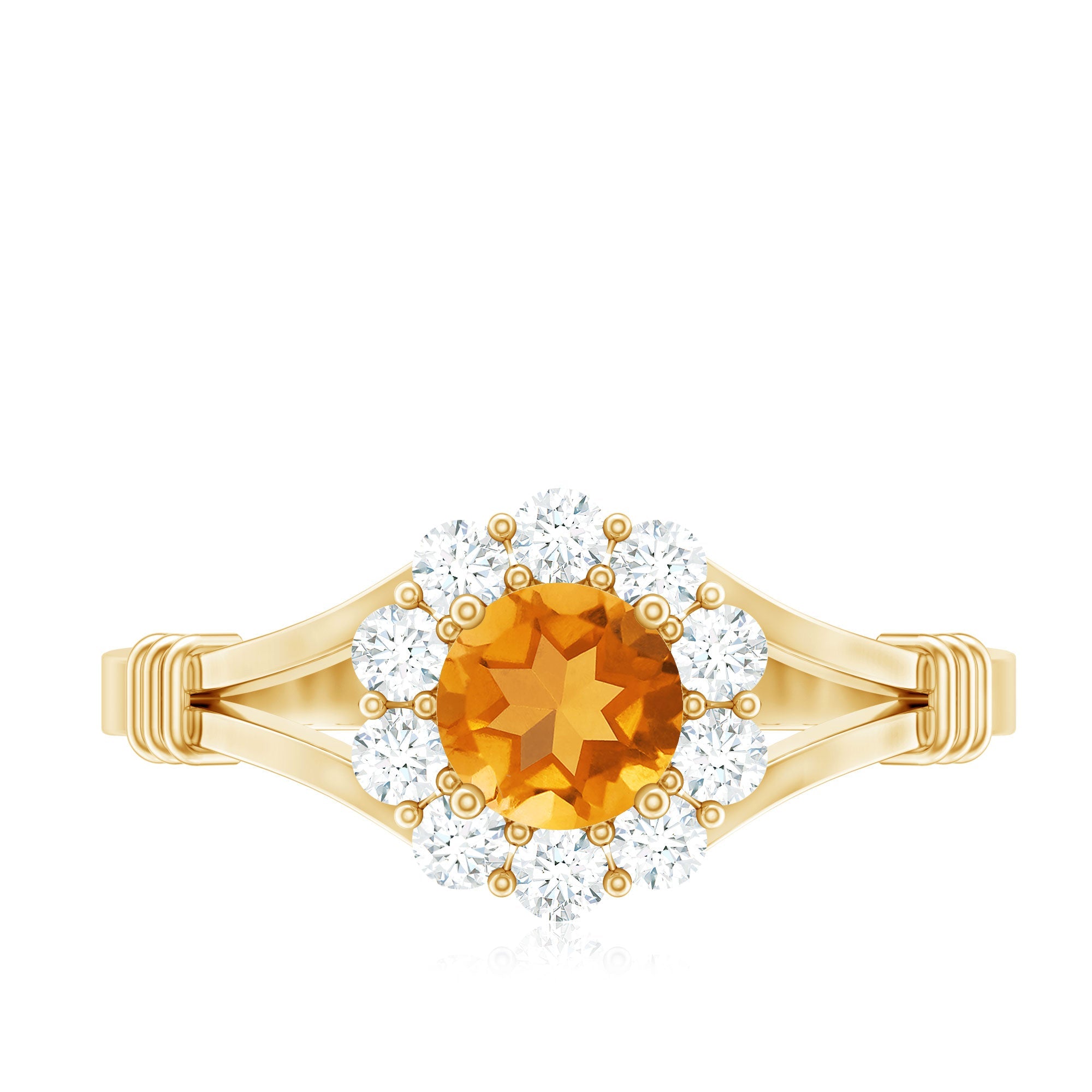 Genuine Citrine Diamond Flower Engagement Ring with Split Shank